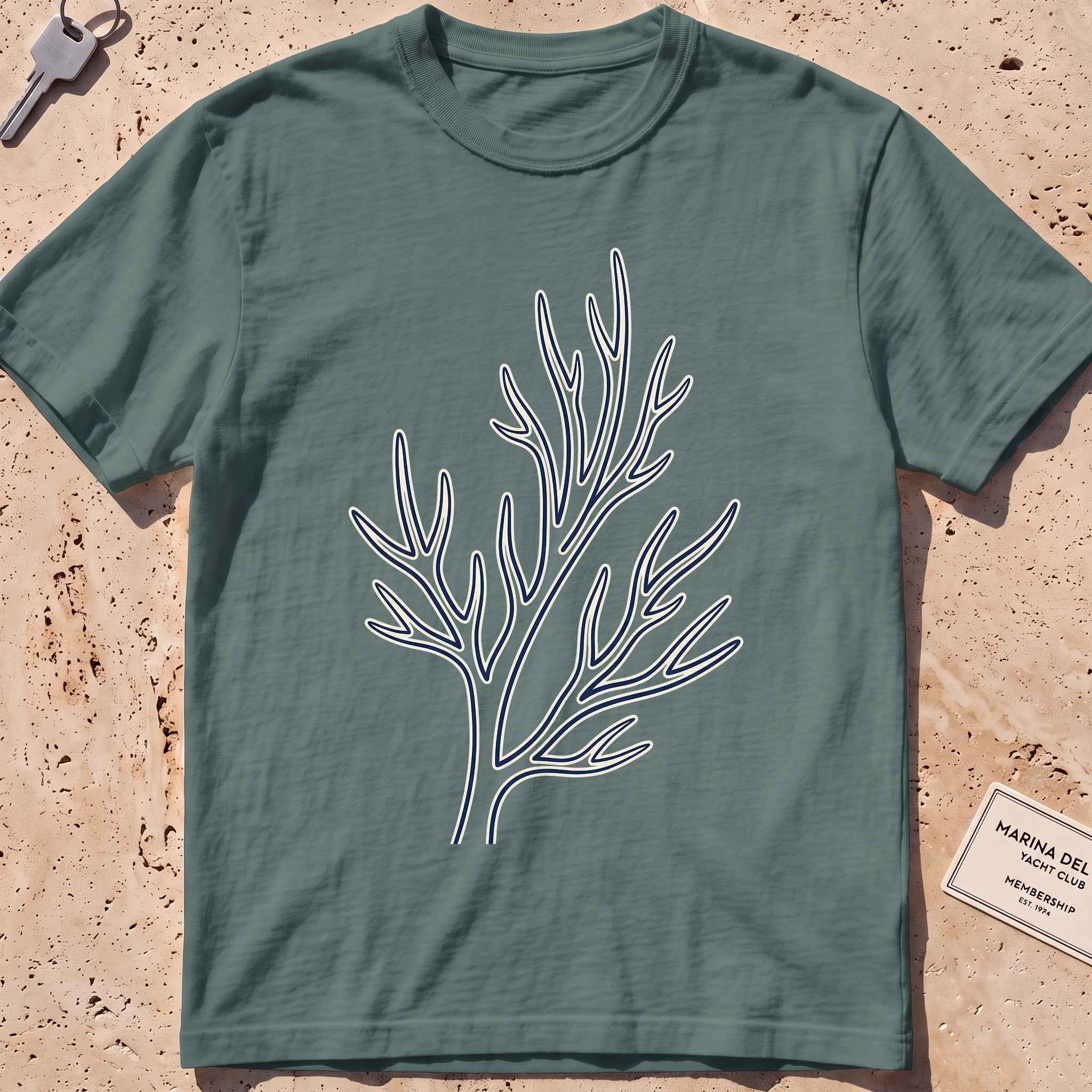 blue spruce heavyweight tee with a single-line coral branch graphic.
