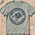 bay heavyweight tee with an engraved fishing-reel "Reel Quiet Type" crest.