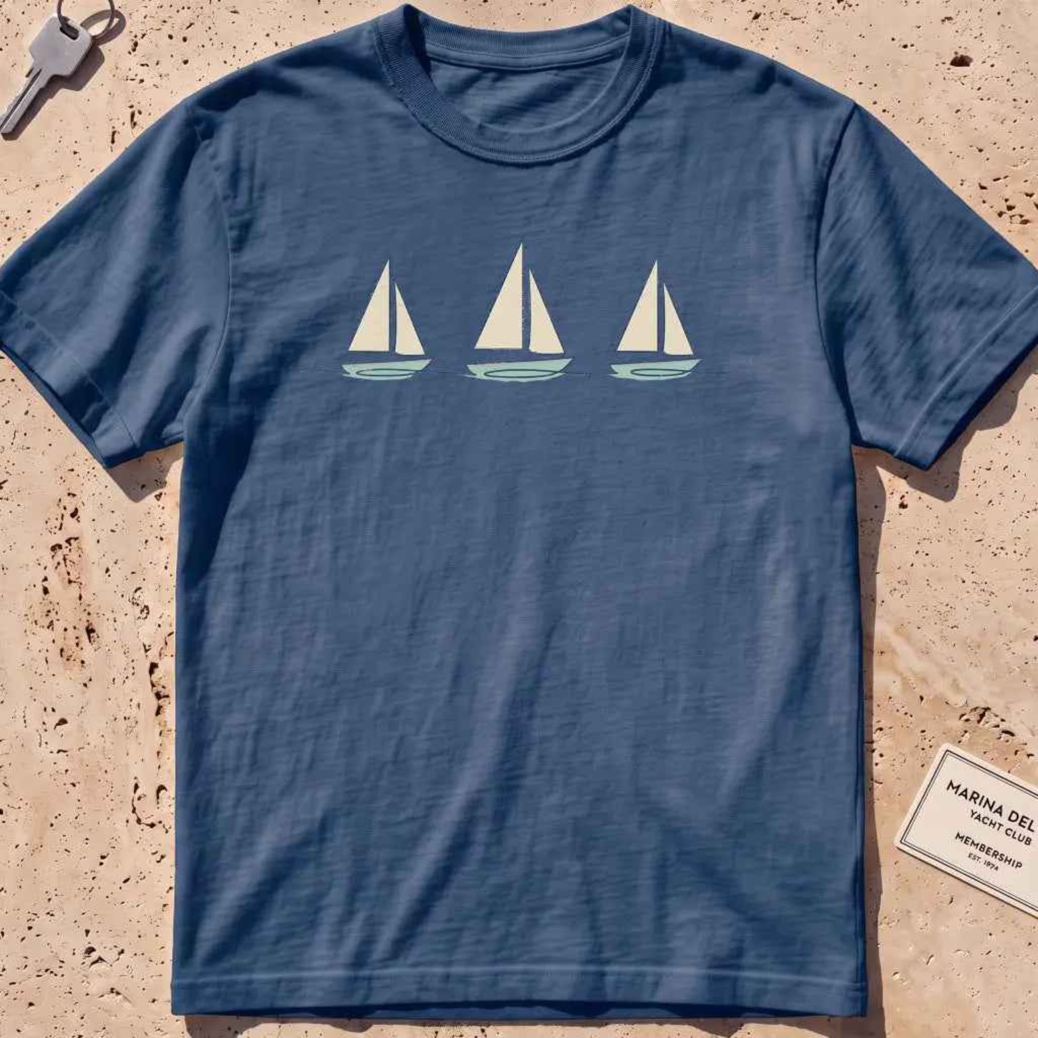 midnight heavyweight tee with three sailboats on a low horizon graphic.