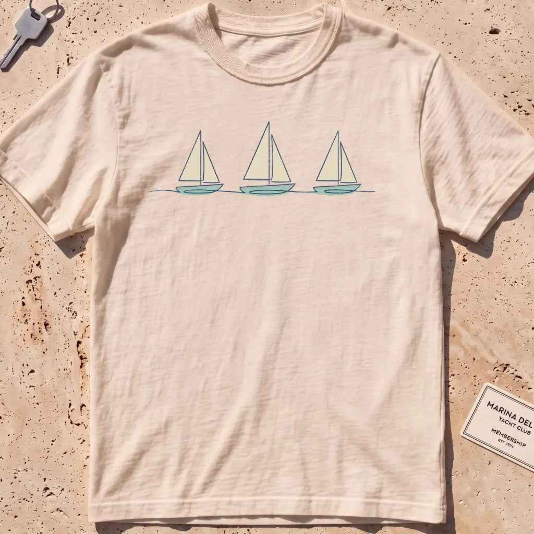 ivory heavyweight tee with three sailboats on a low horizon graphic.