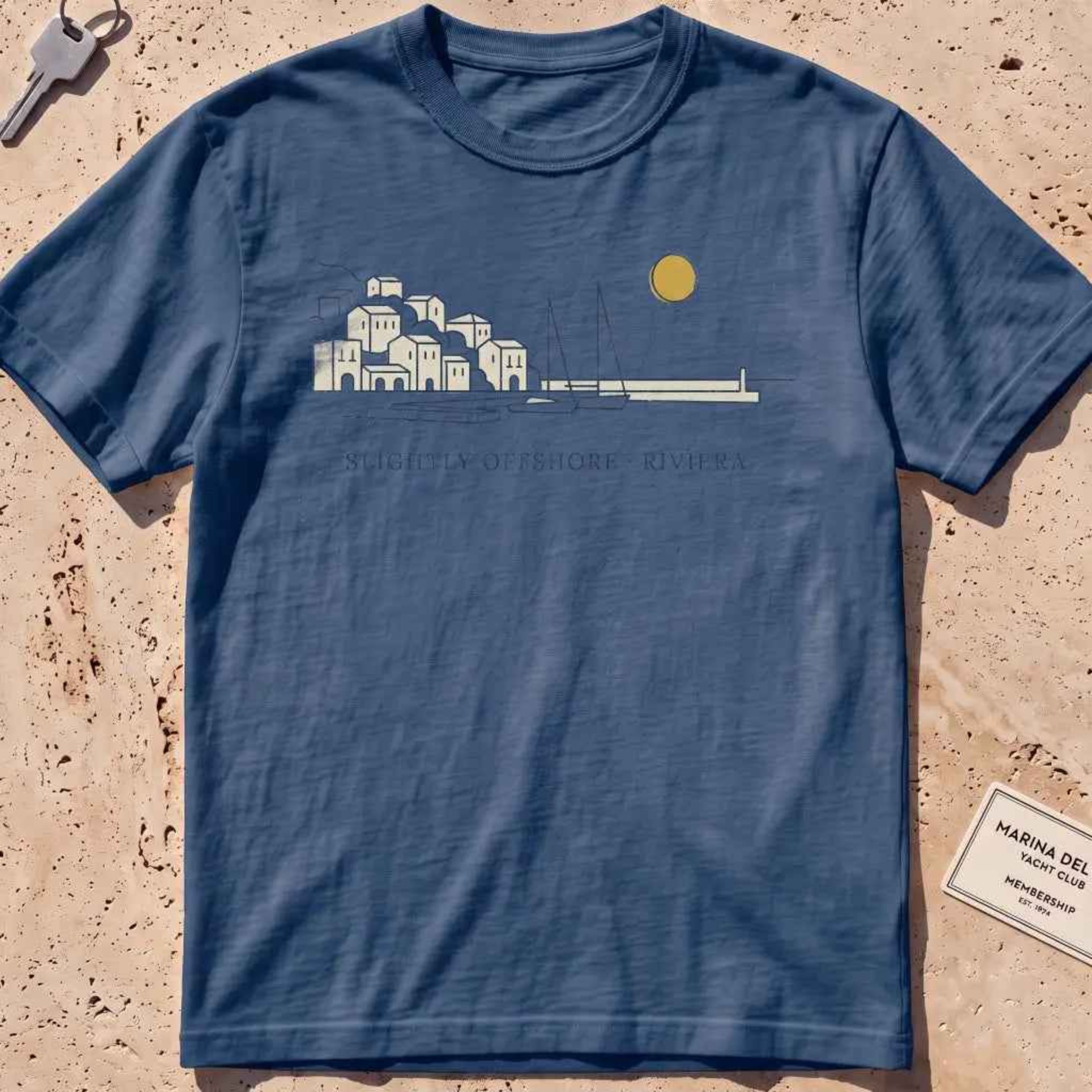 midnight heavyweight tee with a single-line harbor skyline and mustard sun.