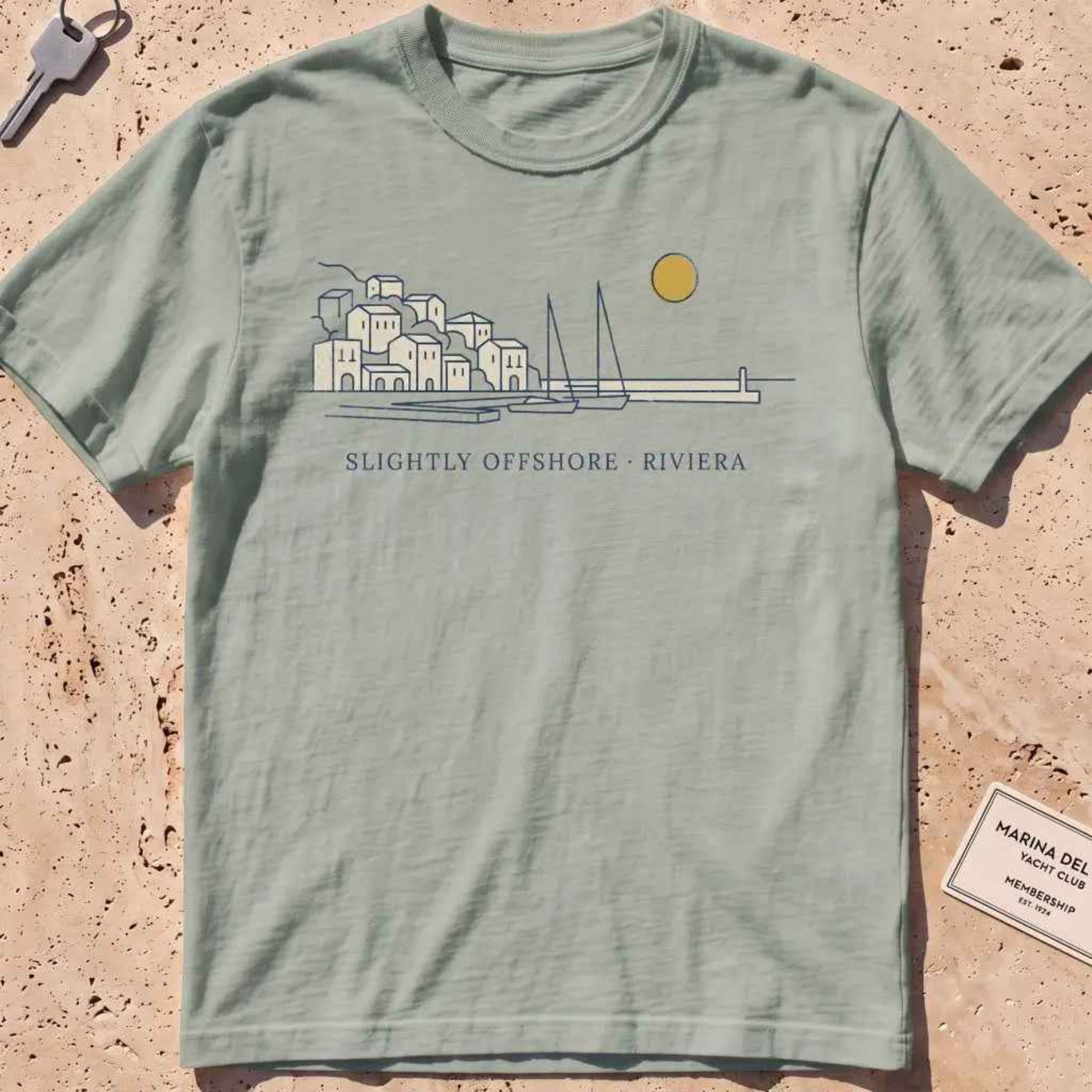 bay heavyweight tee with a single-line harbor skyline and mustard sun.
