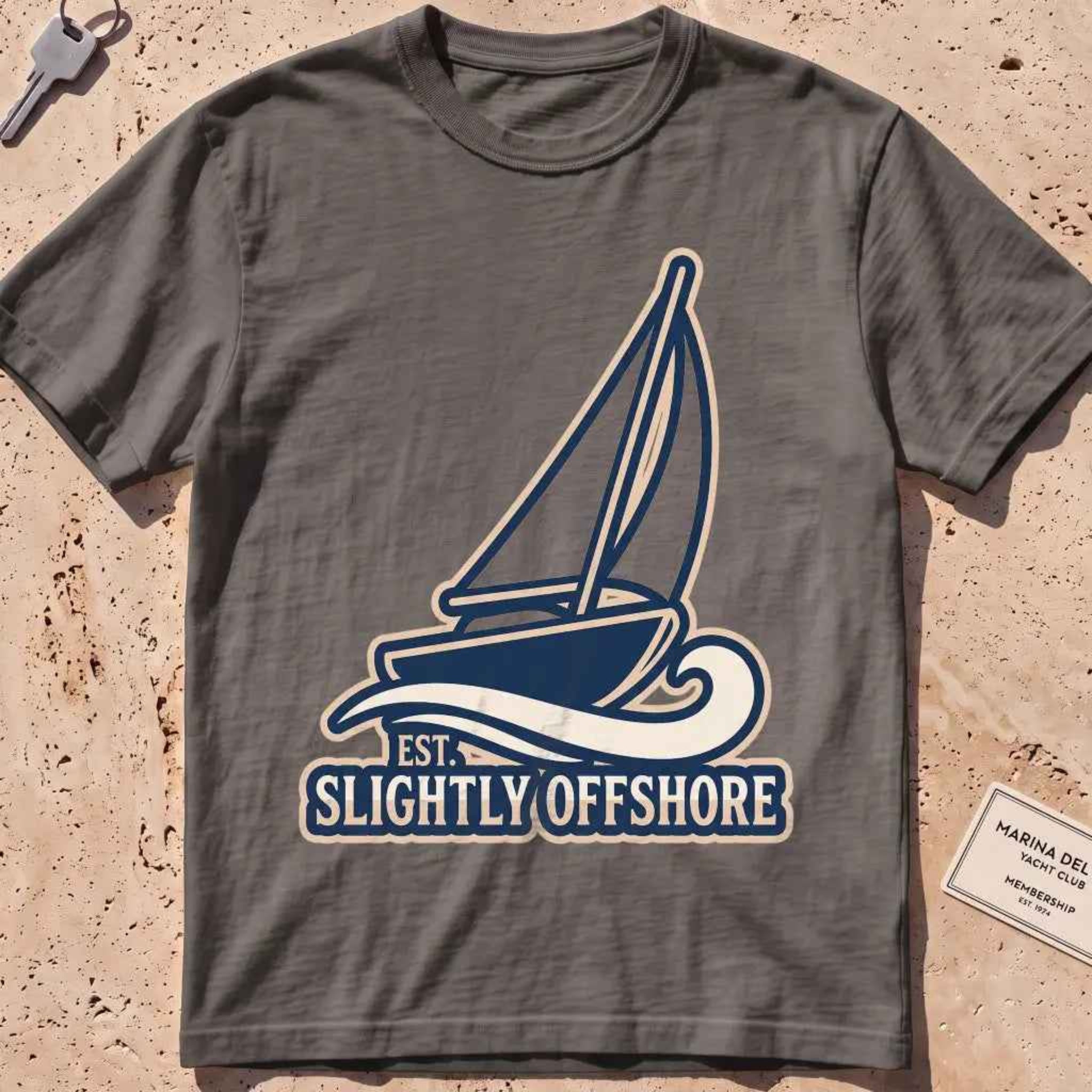 pepper heavyweight tee with a sailboat heeling into the wind, "Sail Away" graphic.