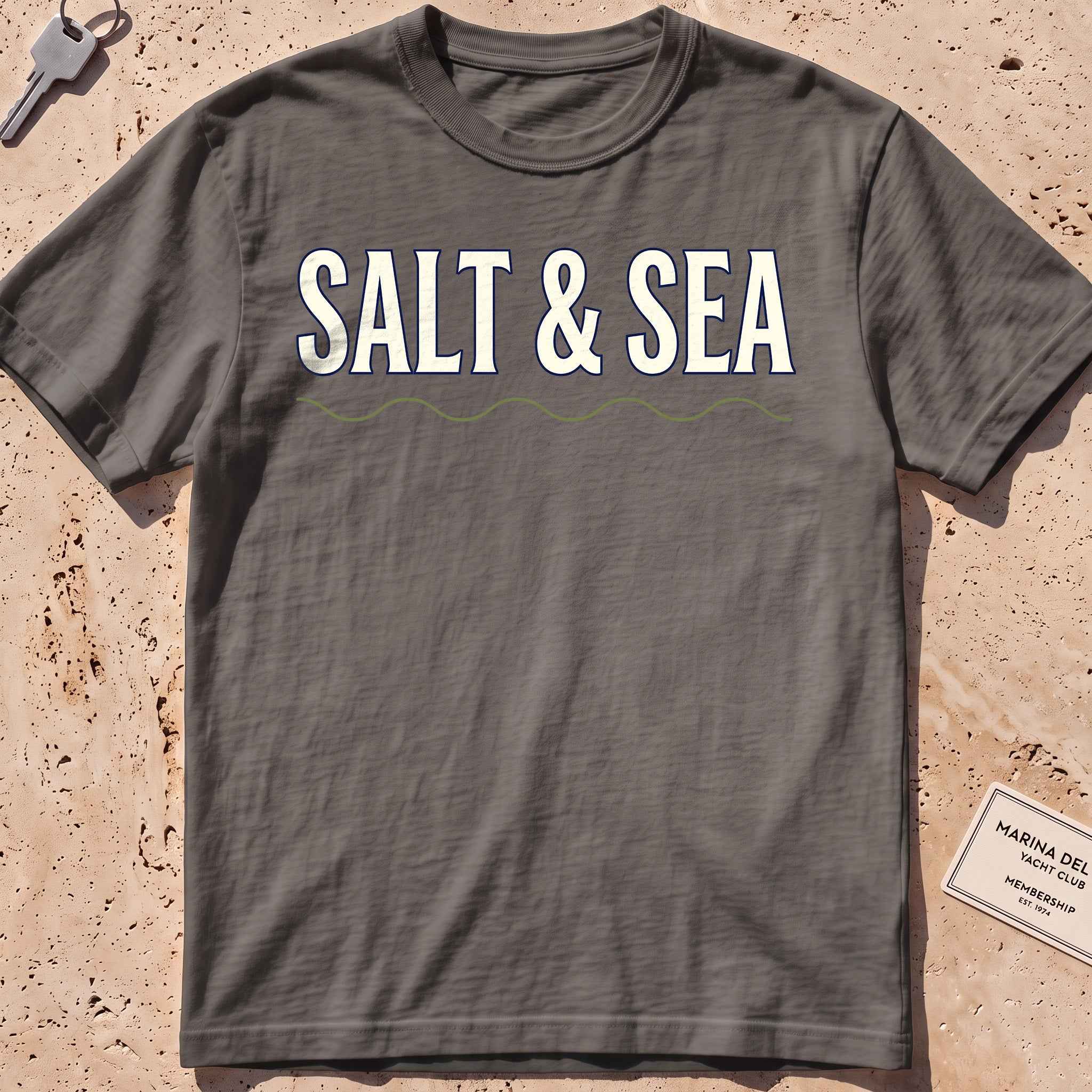 pepper heavyweight tee with bold "Salt & Sea" type graphic.