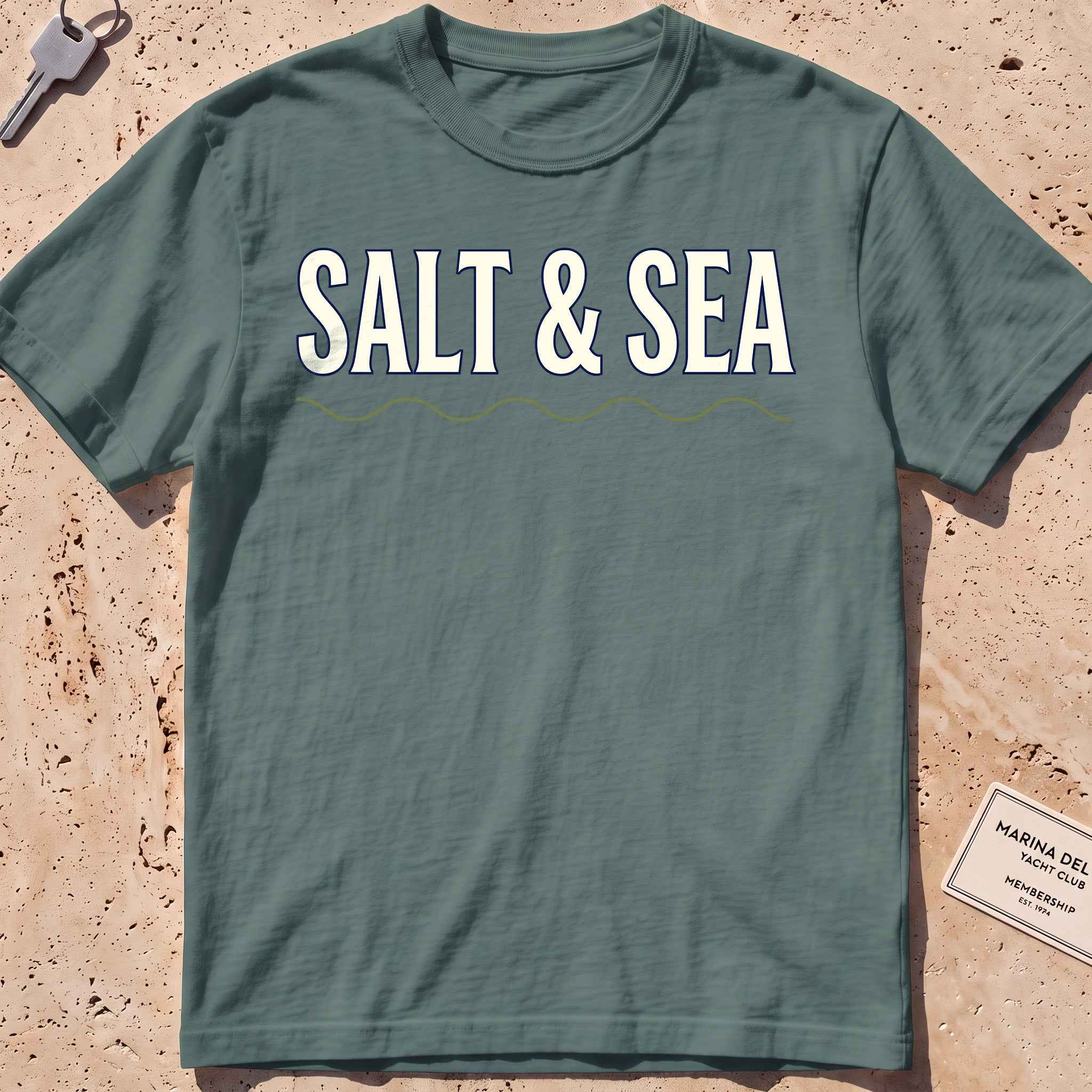 blue spruce heavyweight tee with bold "Salt & Sea" type graphic.