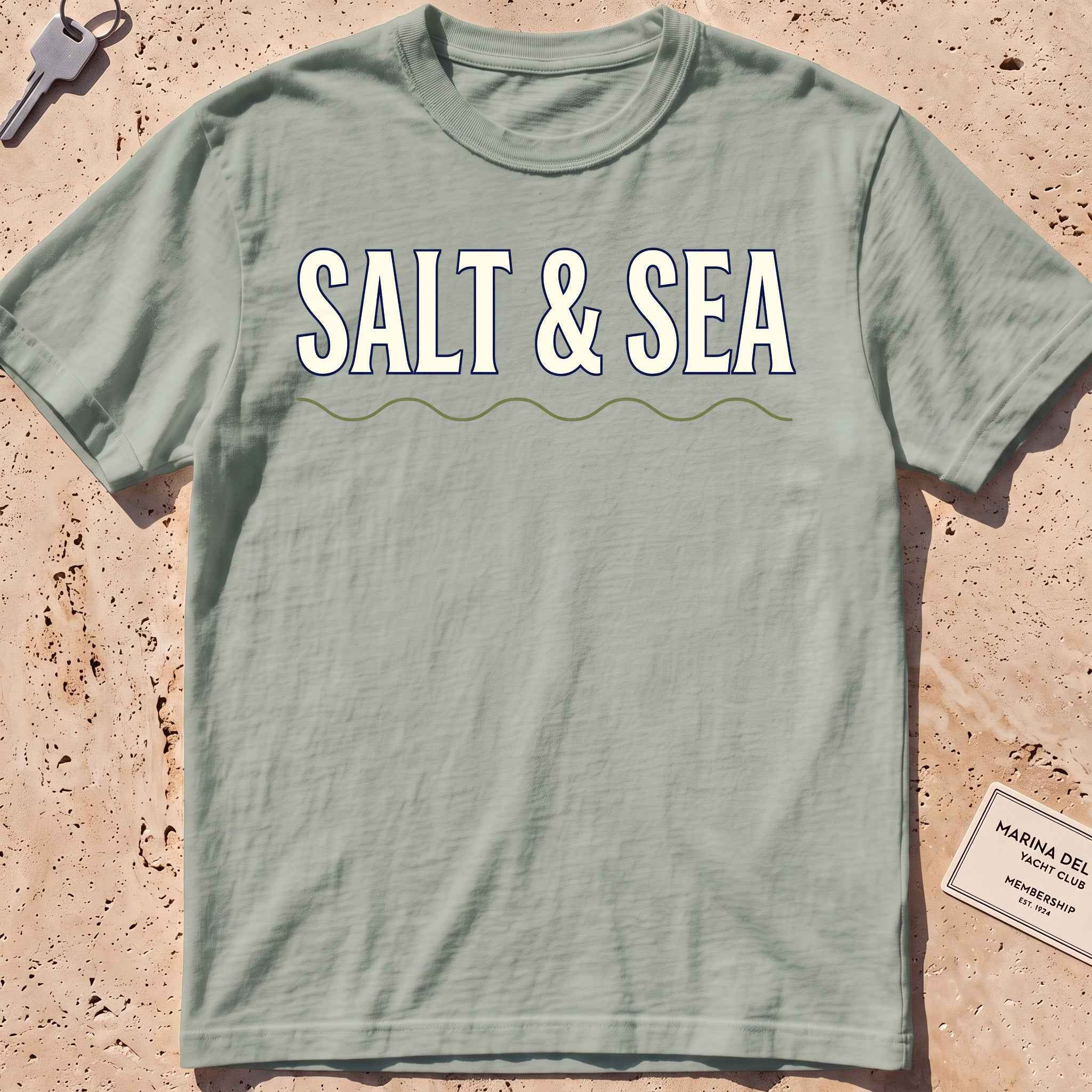 bay heavyweight tee with bold "Salt & Sea" type graphic.