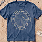 midnight heavyweight tee with a split lake-and-wave "Salt Optional" crest.