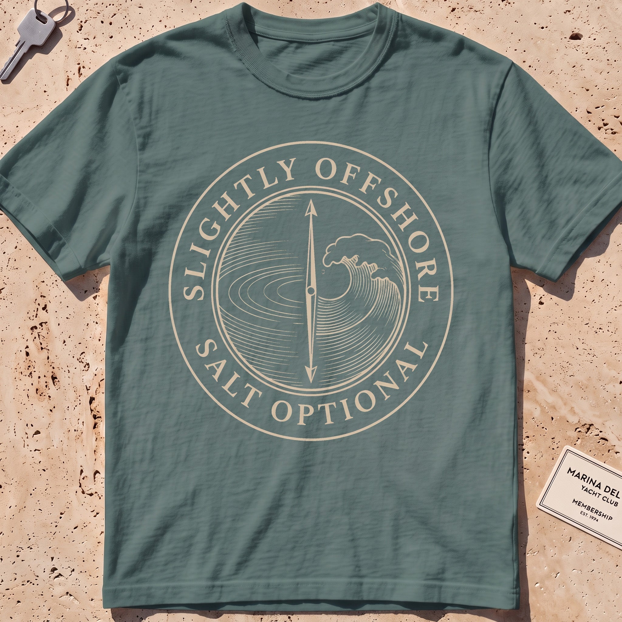 blue spruce heavyweight tee with a split lake-and-wave "Salt Optional" crest.
