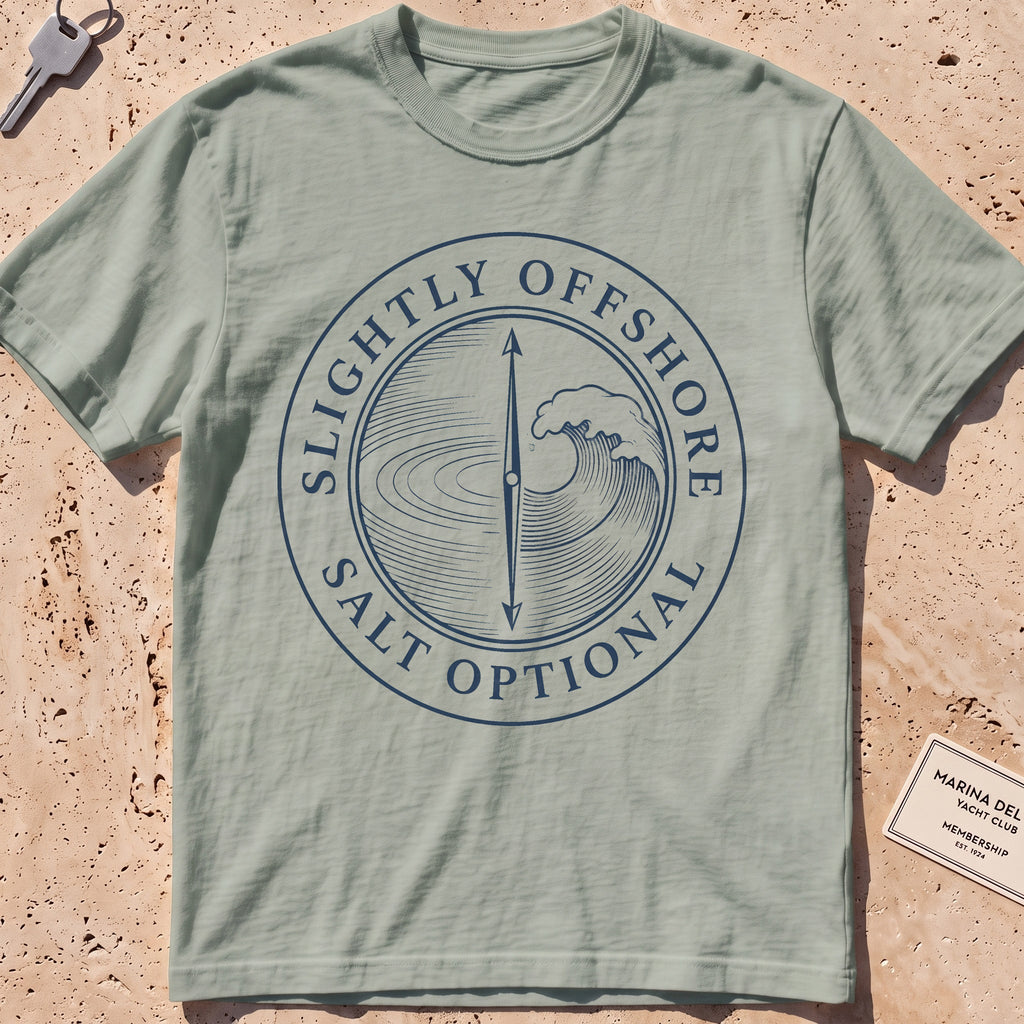 bay heavyweight tee with a split lake-and-wave "Salt Optional" crest.