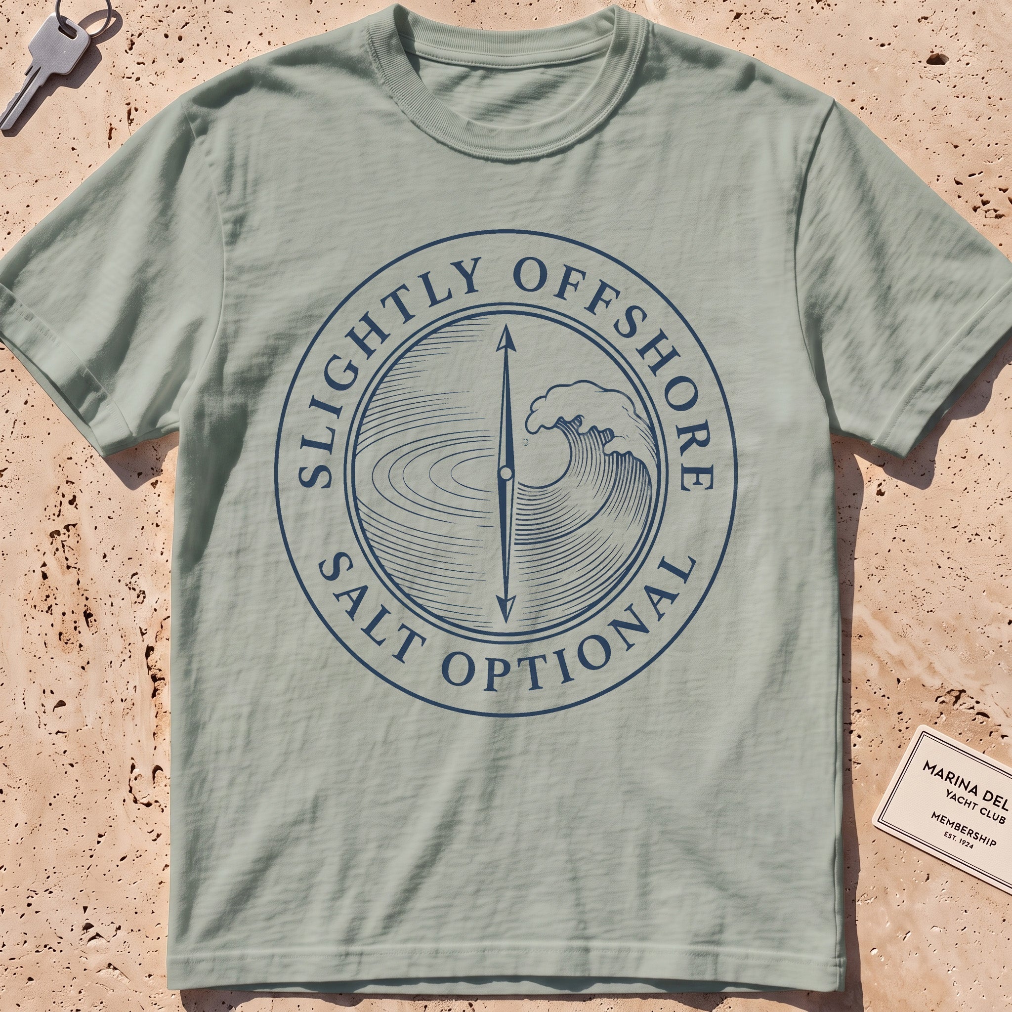 bay heavyweight tee with a split lake-and-wave "Salt Optional" crest.