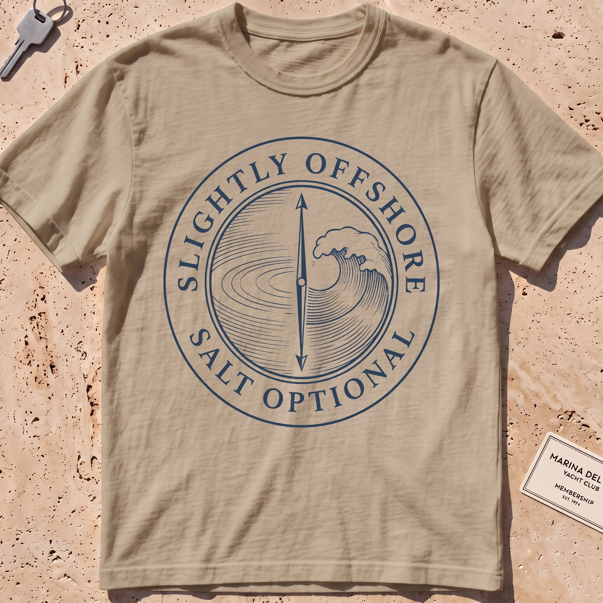 khaki heavyweight tee with a split lake-and-wave "Salt Optional" crest.