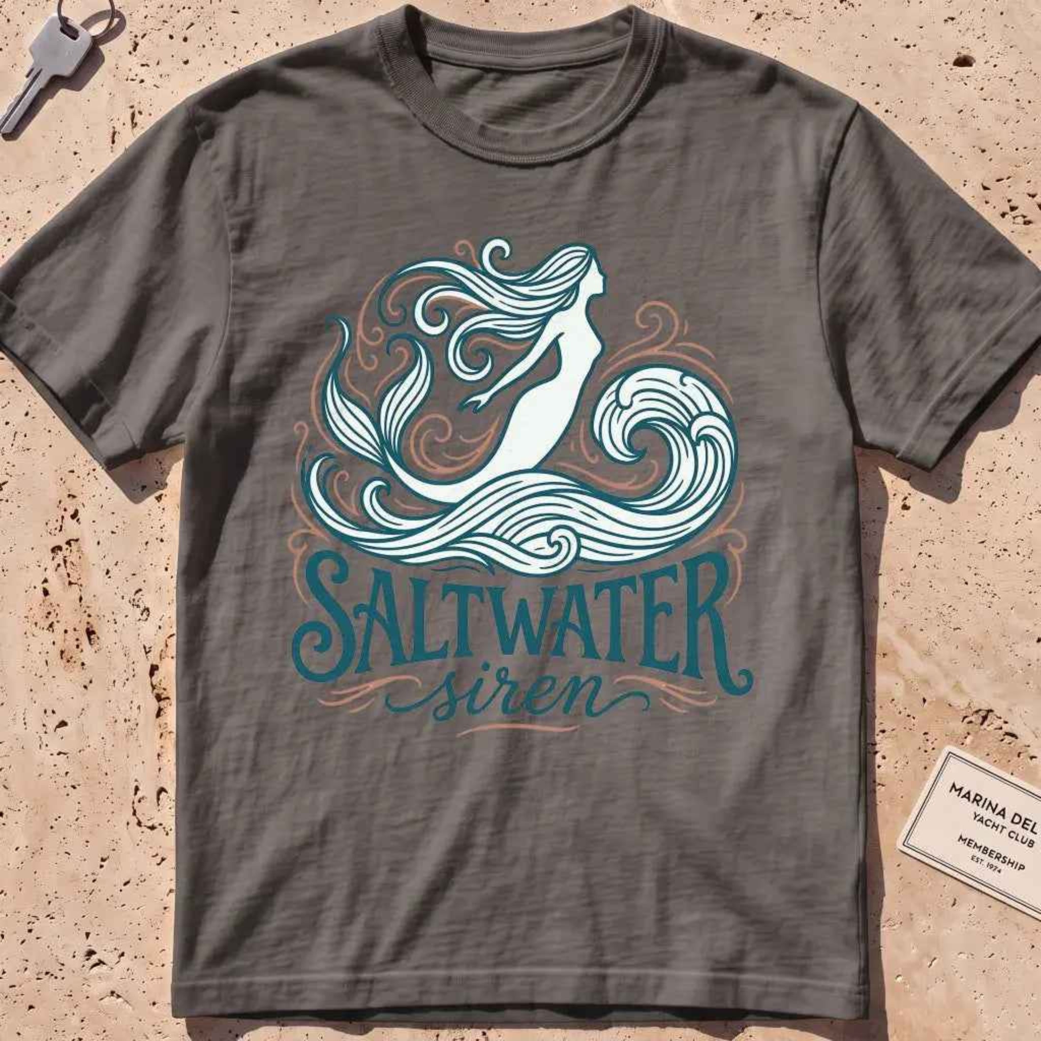 pepper heavyweight tee with a mermaid line-art "Saltwater Siren" graphic.