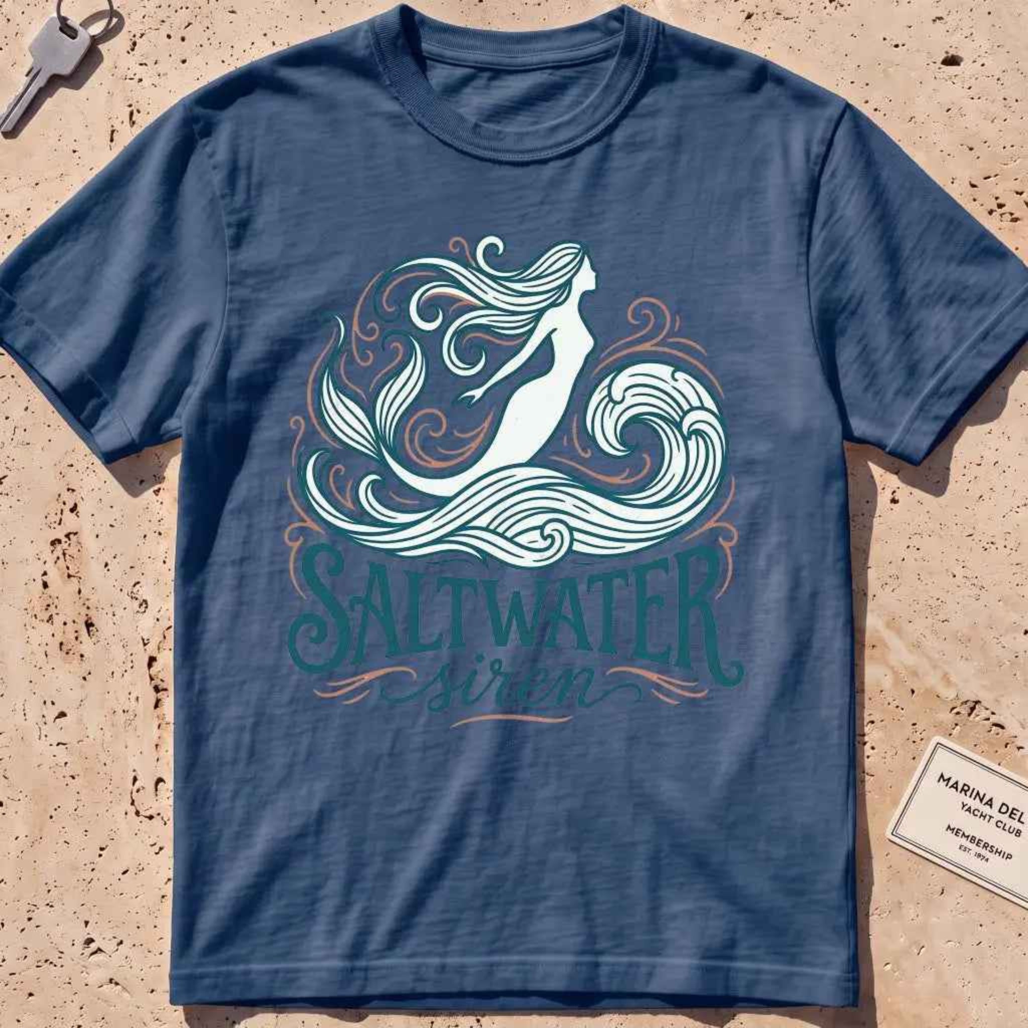 midnigth heavyweight tee with a mermaid line-art "Saltwater Siren" graphic.