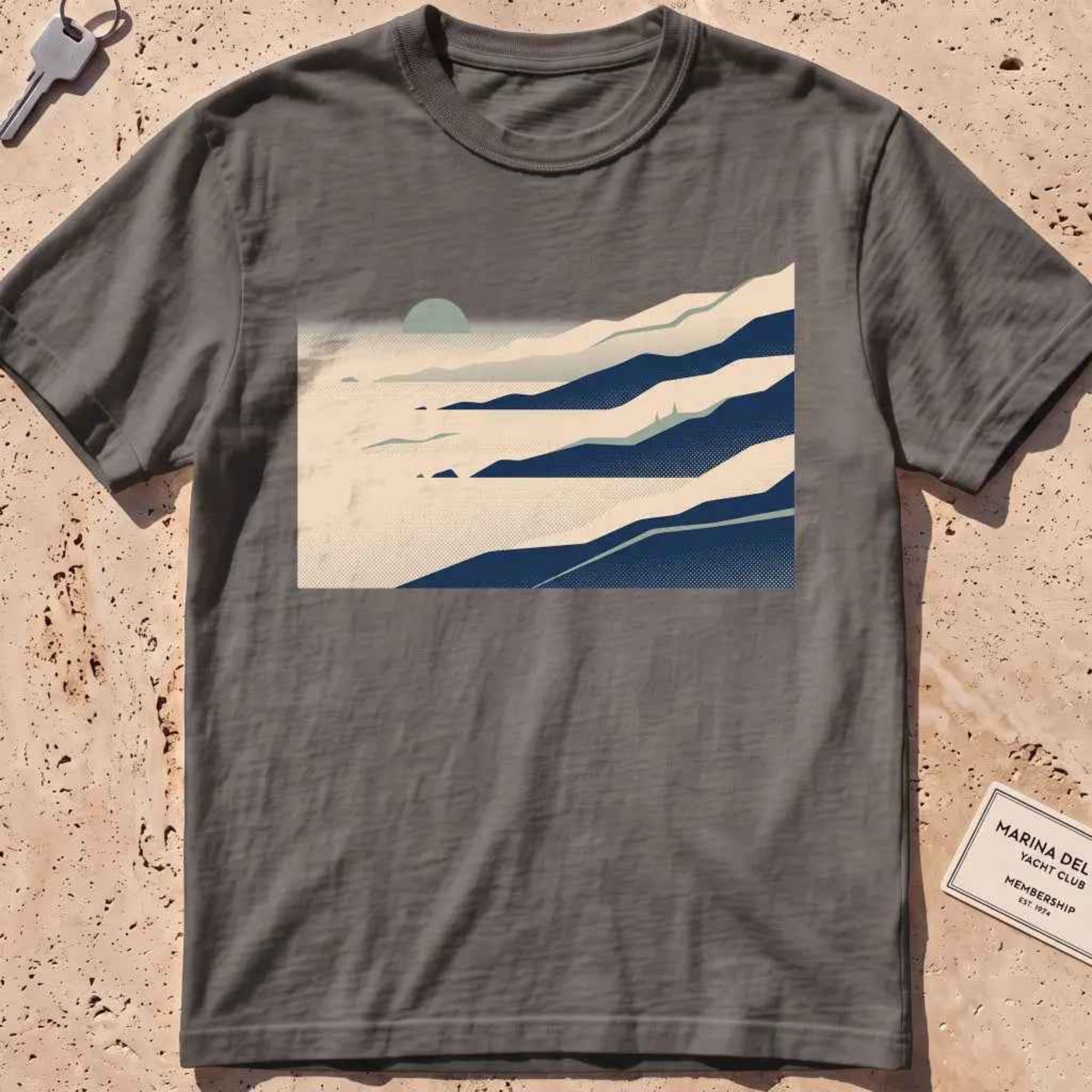 pepper heavyweight tee with layered wordless sea-fog ridges graphic.