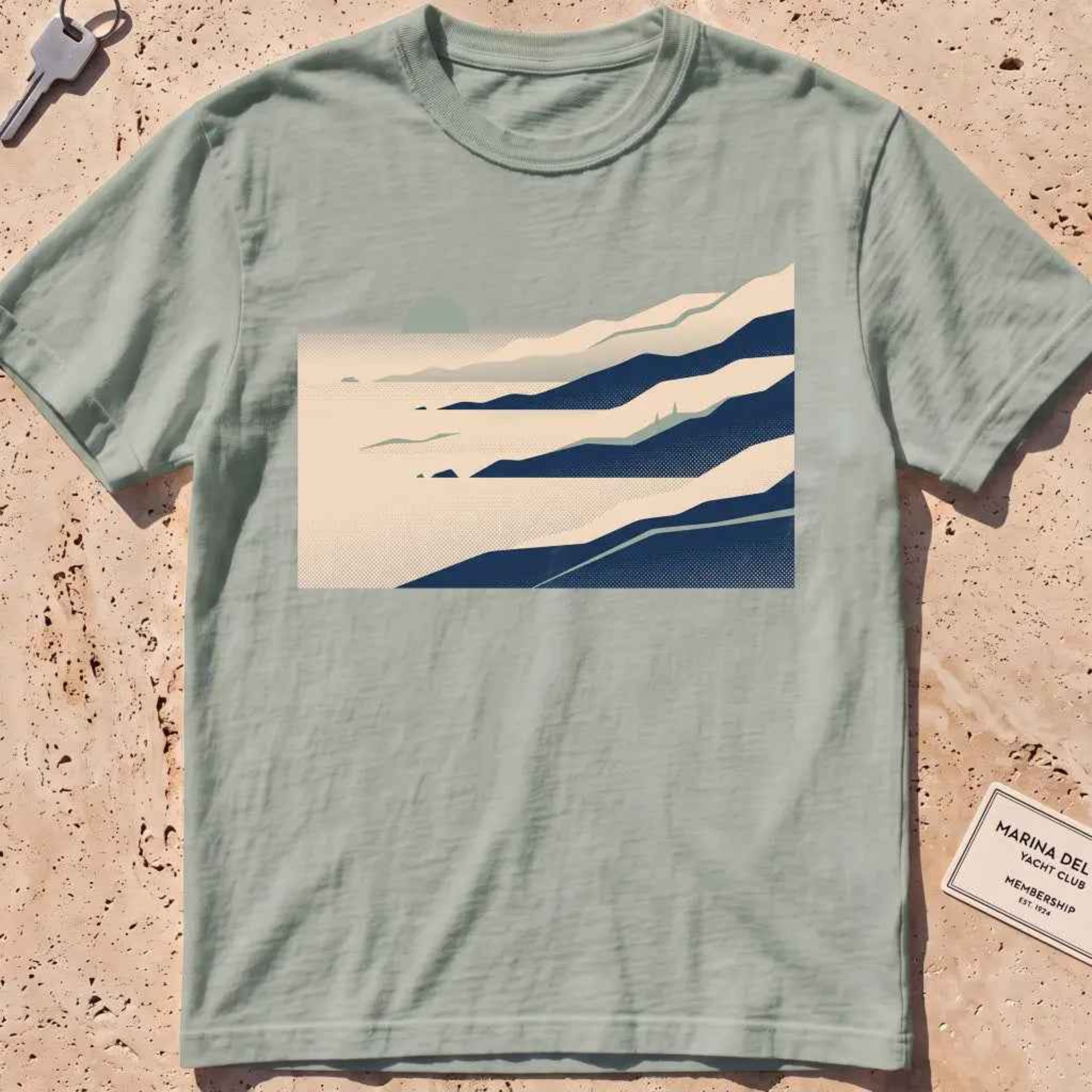 bay heavyweight tee with layered wordless sea-fog ridges graphic.