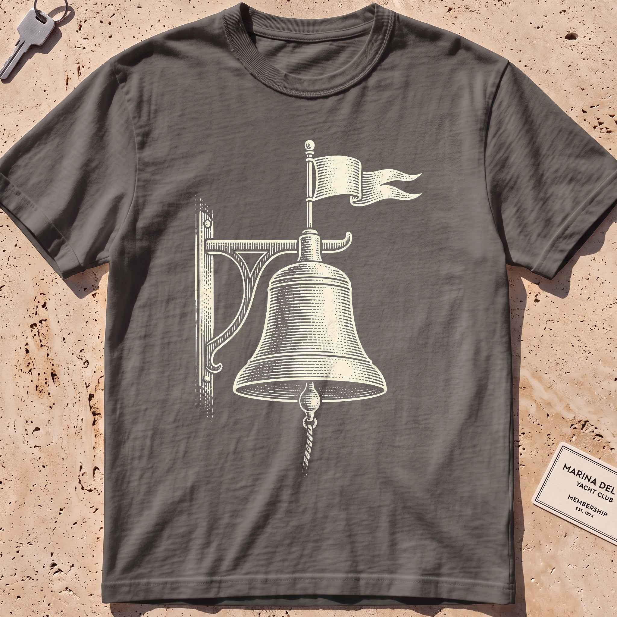 pepper heavyweight tee with an etched bell weathervane graphic.