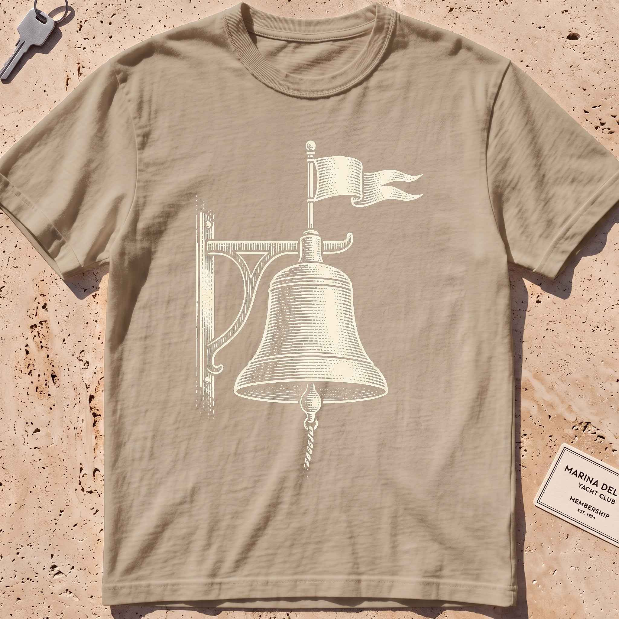 khaki heavyweight tee with an etched bell weathervane graphic.