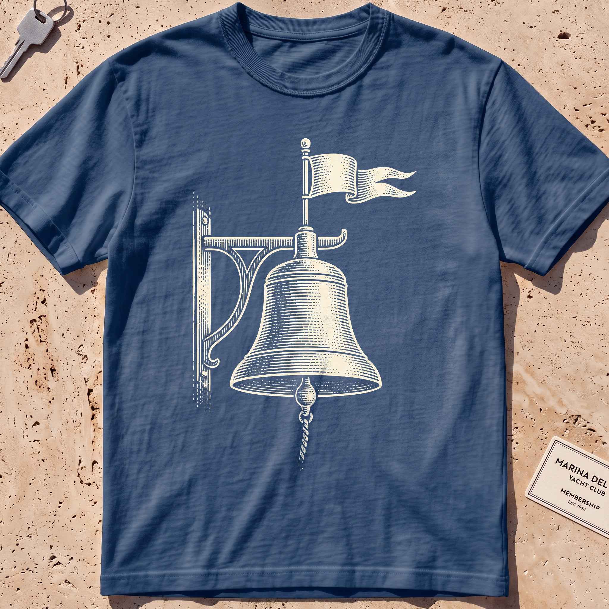 midnight heavyweight tee with an etched bell weathervane graphic.