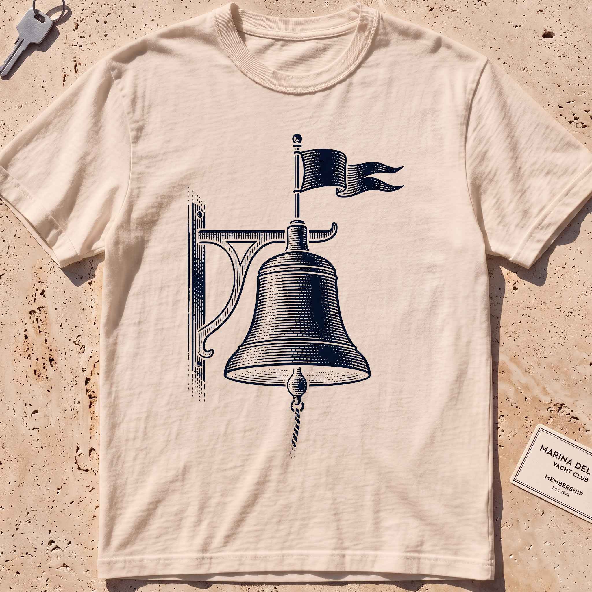 ivory heavyweight tee with an etched bell weathervane graphic.