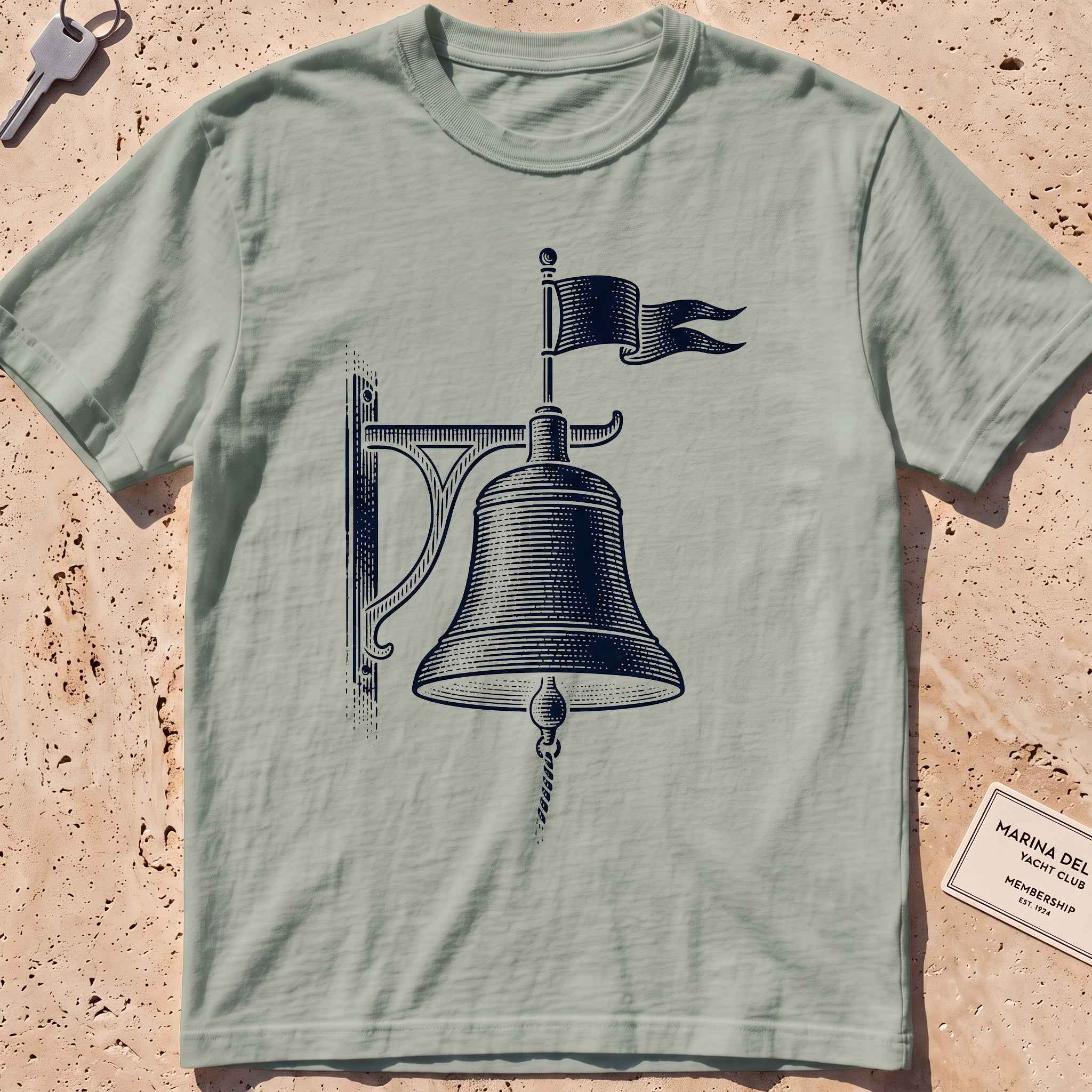 bay heavyweight tee with an etched bell weathervane graphic.