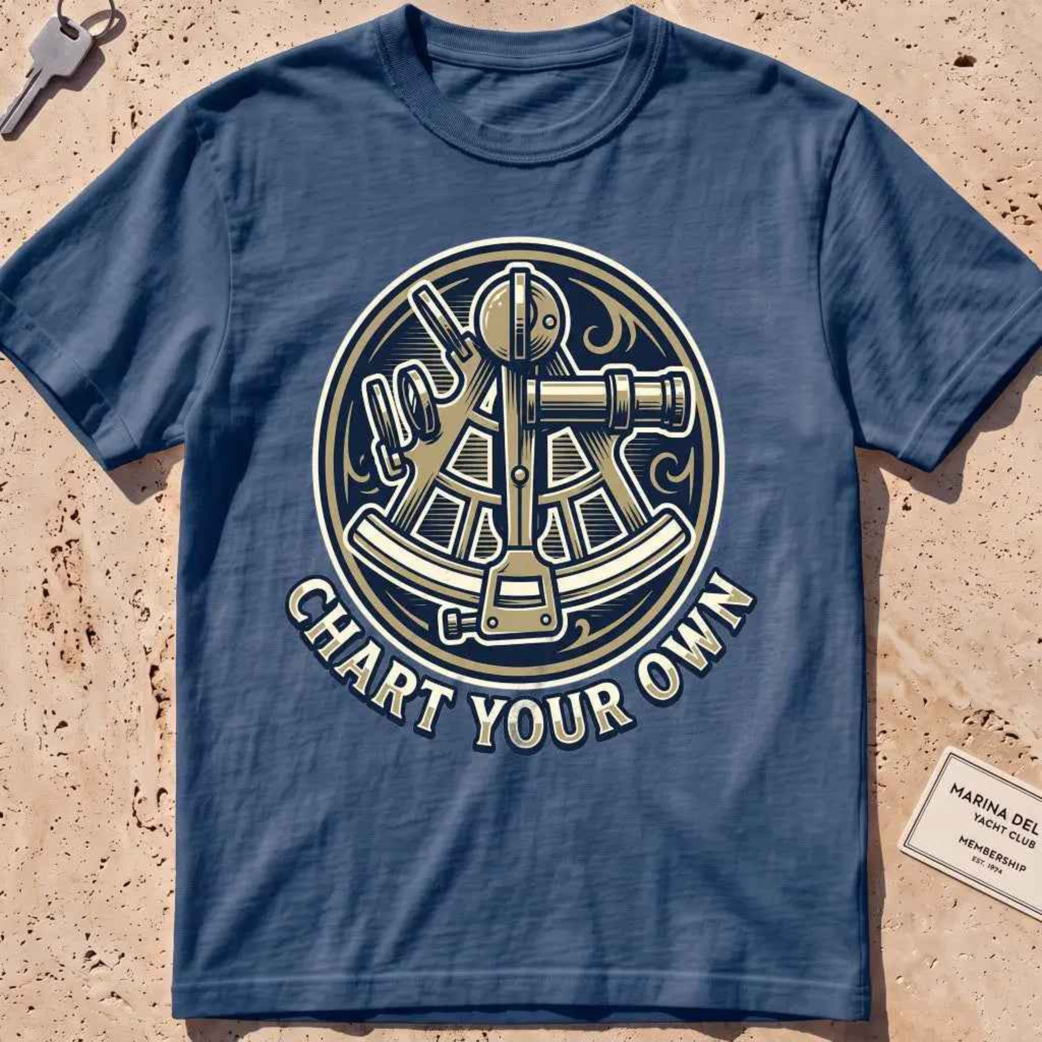 midnight heavyweight tee with an engraved sextant "Chart Your Own" badge.