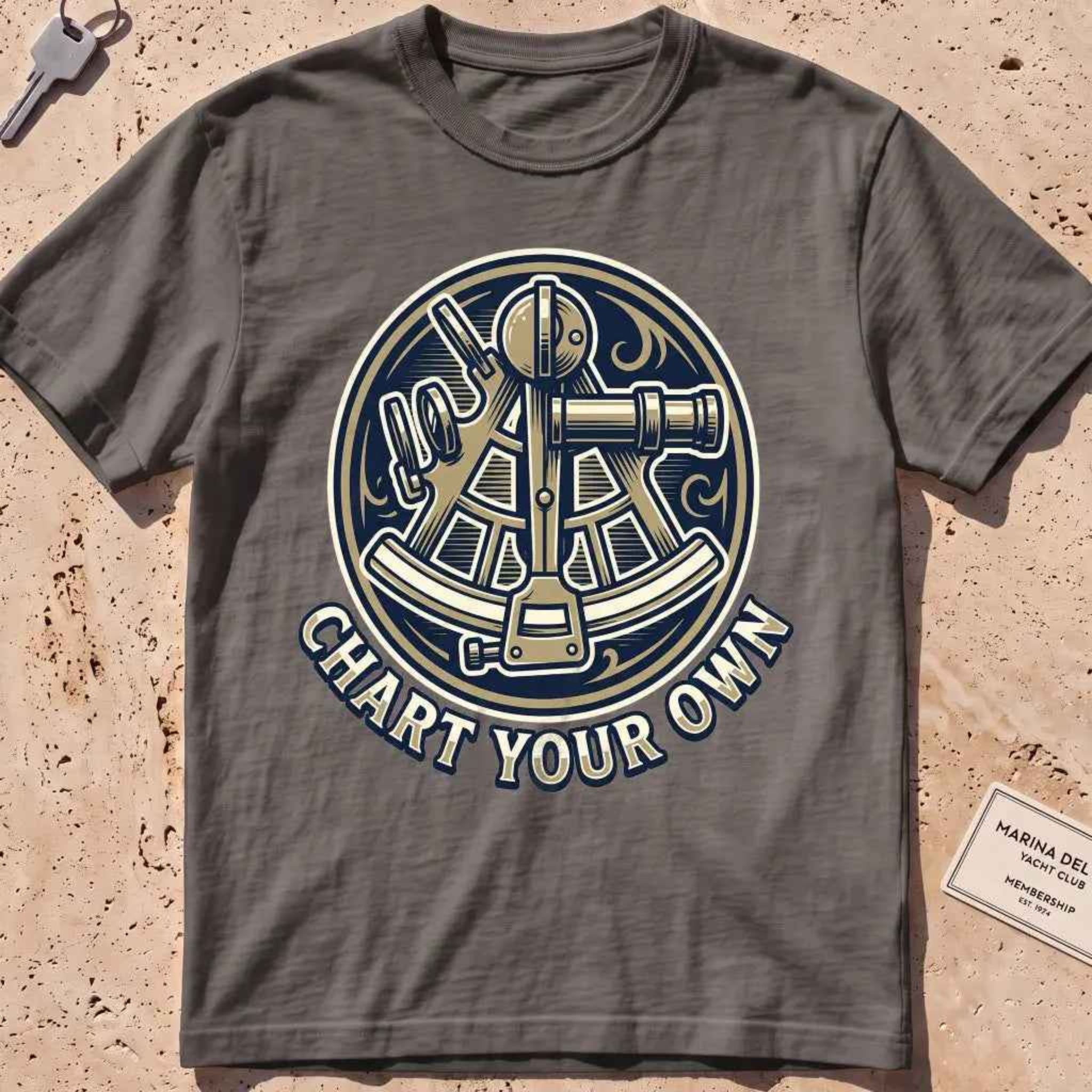 pepper heavyweight tee with an engraved sextant "Chart Your Own" badge.