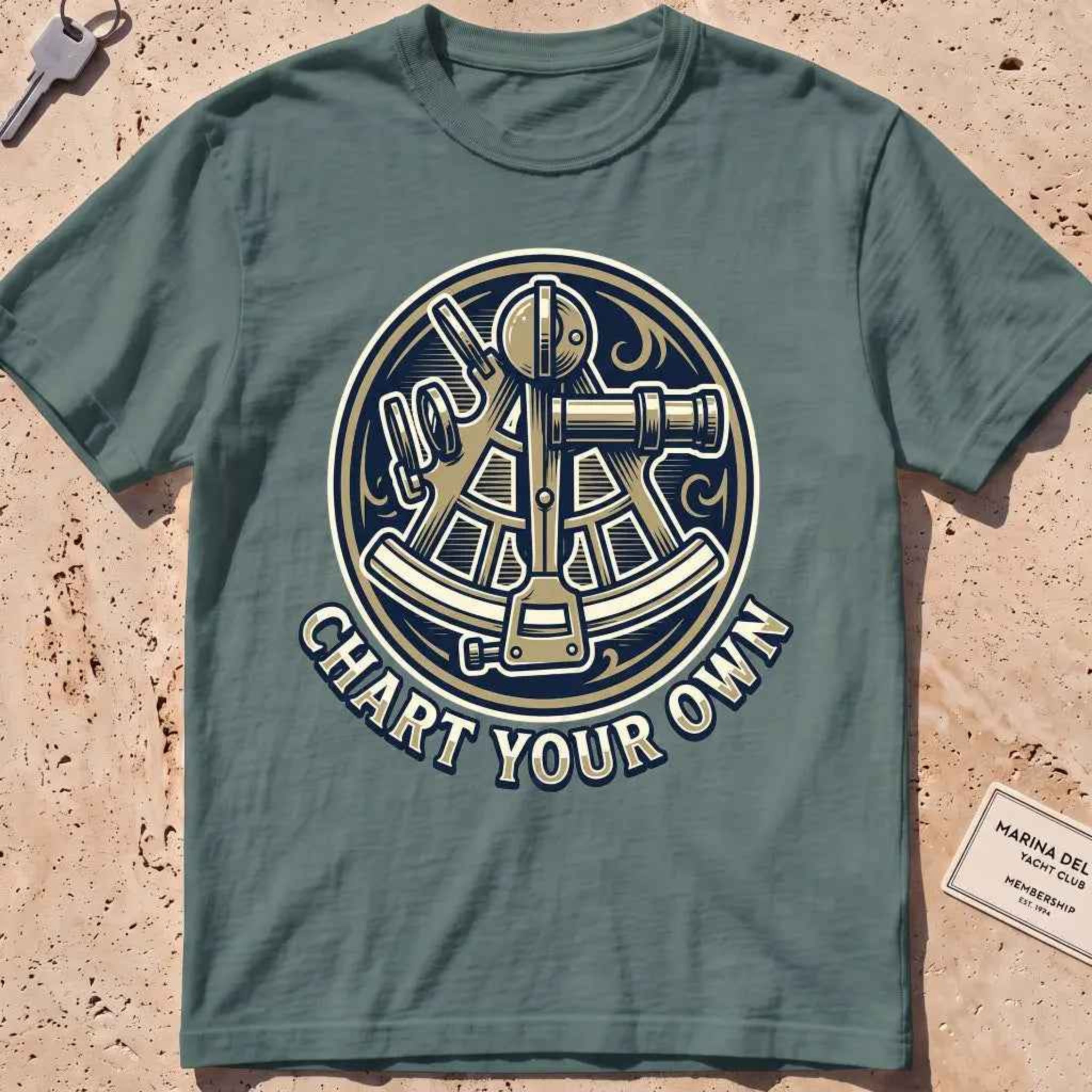 blue spruce heavyweight tee with an engraved sextant "Chart Your Own" badge.
