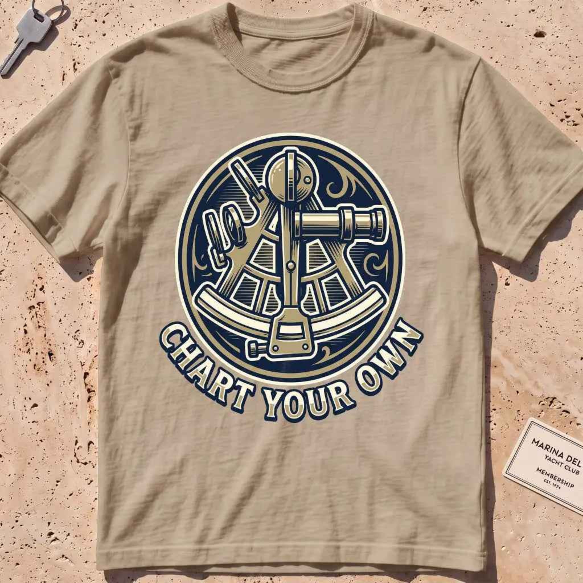 khaki heavyweight tee with an engraved sextant "Chart Your Own" badge.