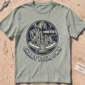 bay heavyweight tee with an engraved sextant "Chart Your Own" badge.
