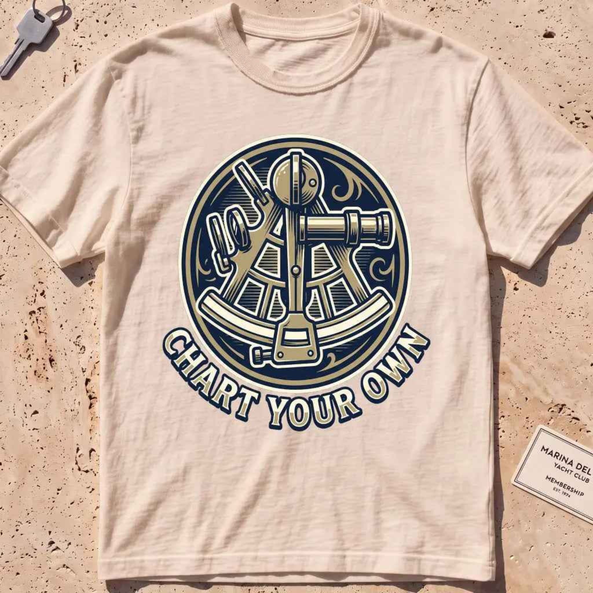 ivory heavyweight tee with an engraved sextant "Chart Your Own" badge.