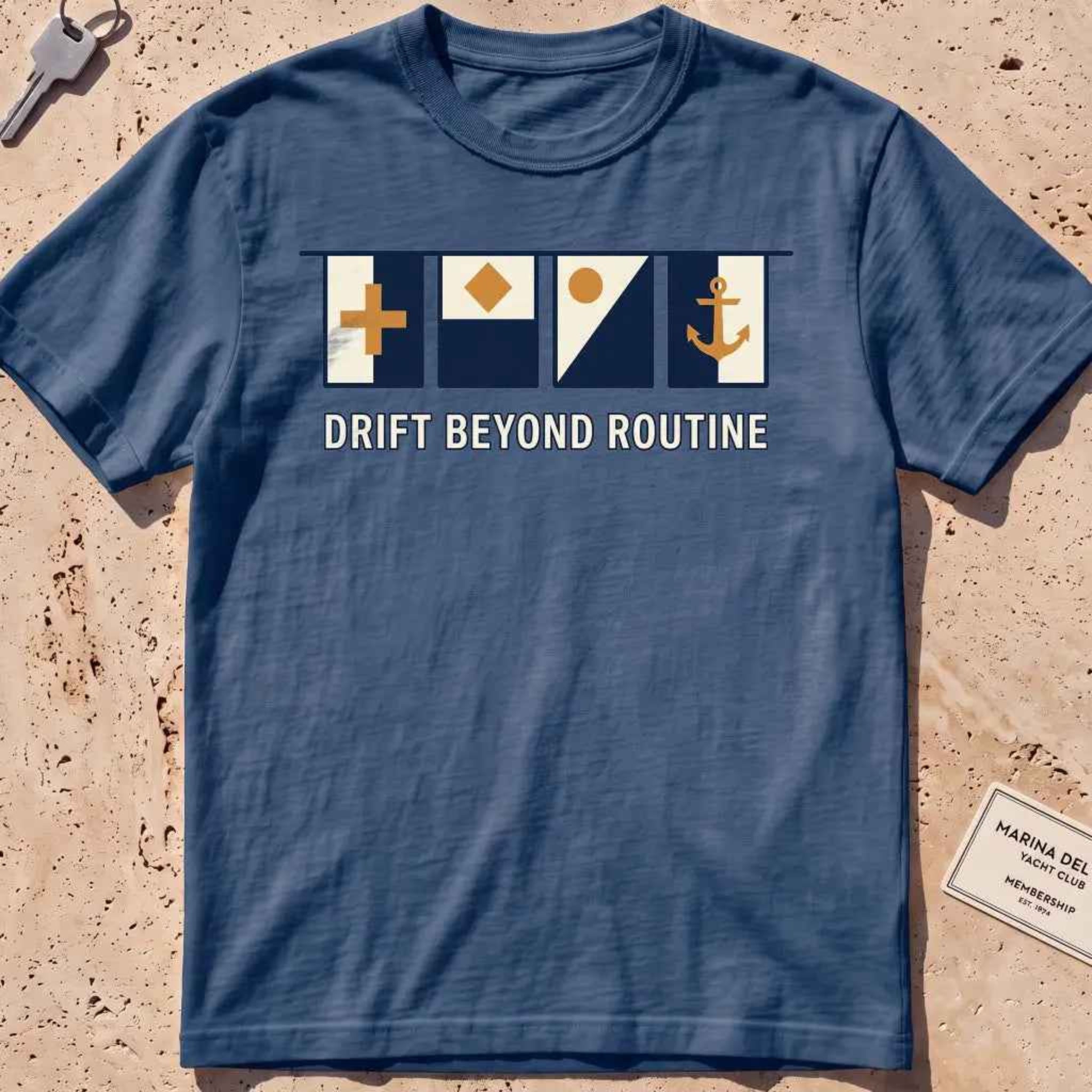 midnight heavyweight tee with maritime signal flags and "Drift Beyond Routine" text.