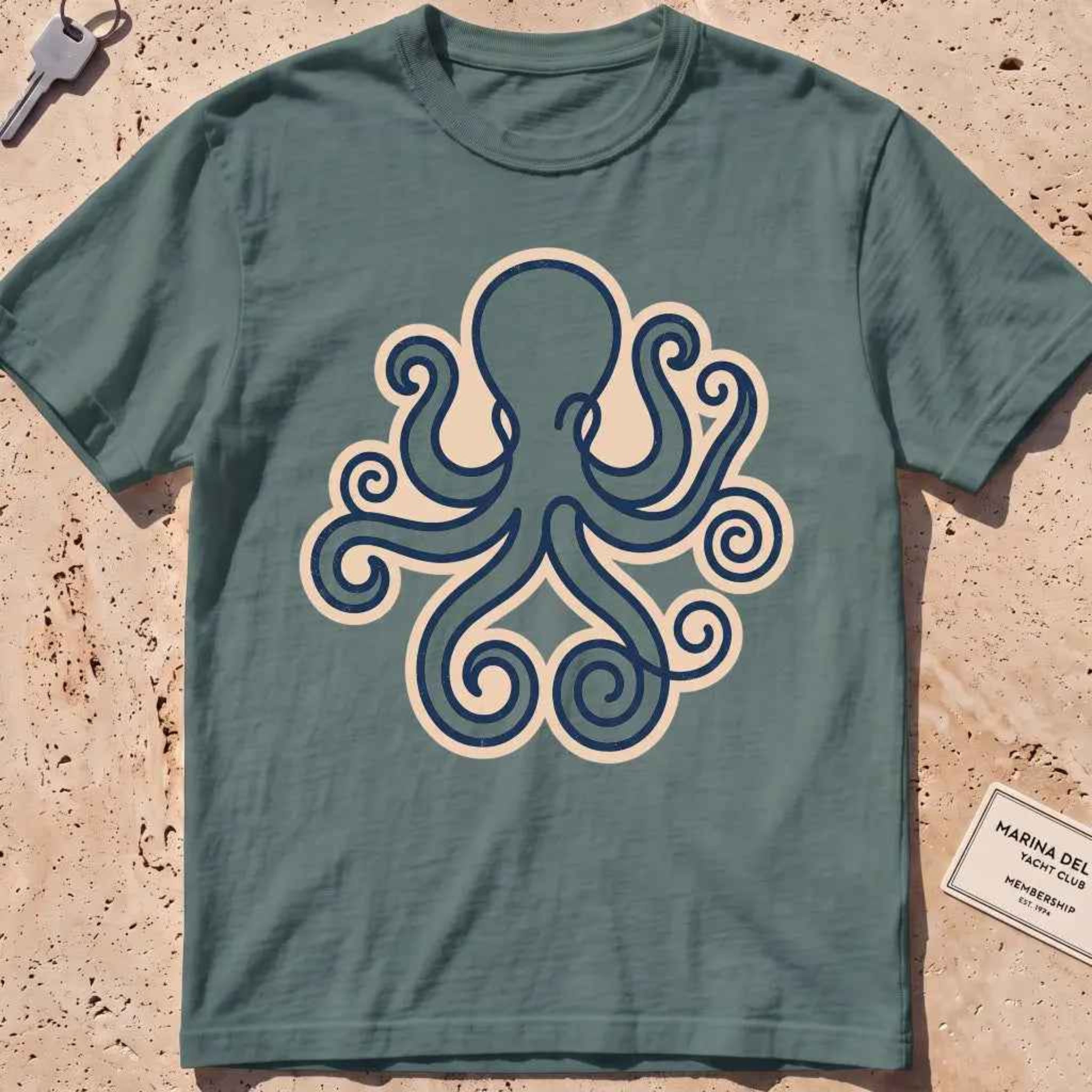 blue spruce heavyweight tee with a single continuous-line octopus graphic.