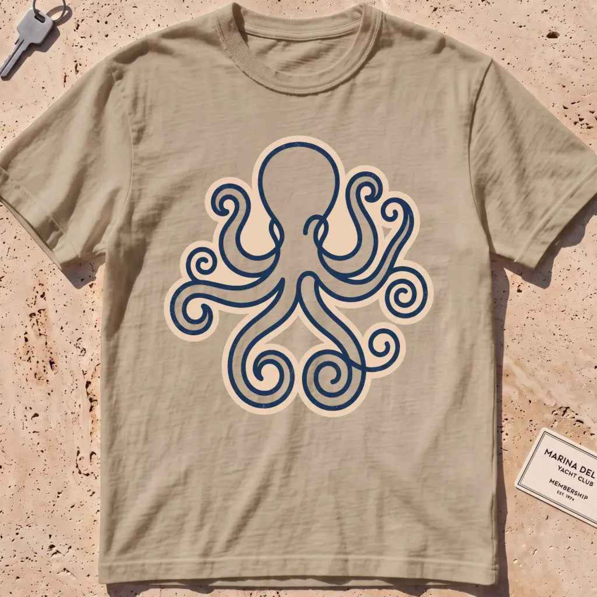 khaki heavyweight tee with a single continuous-line octopus graphic.