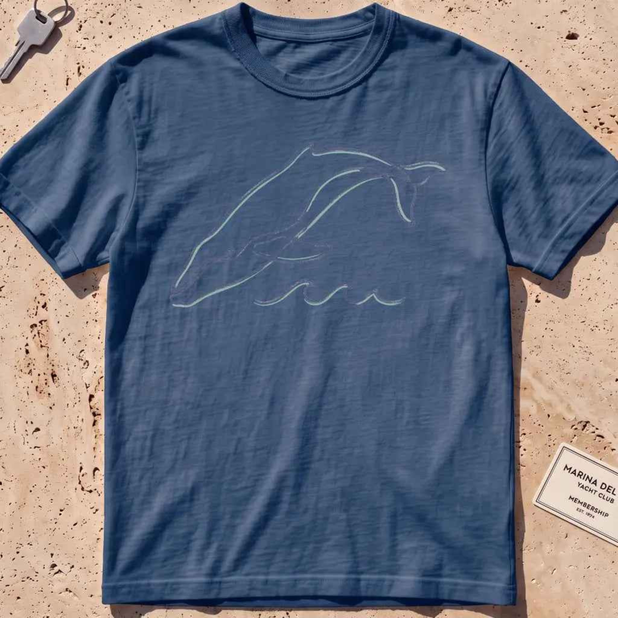 midnight heavyweight tee with a single continuous-line whale and wave graphic.
