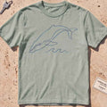 bay heavyweight tee with a single continuous-line whale and wave graphic.