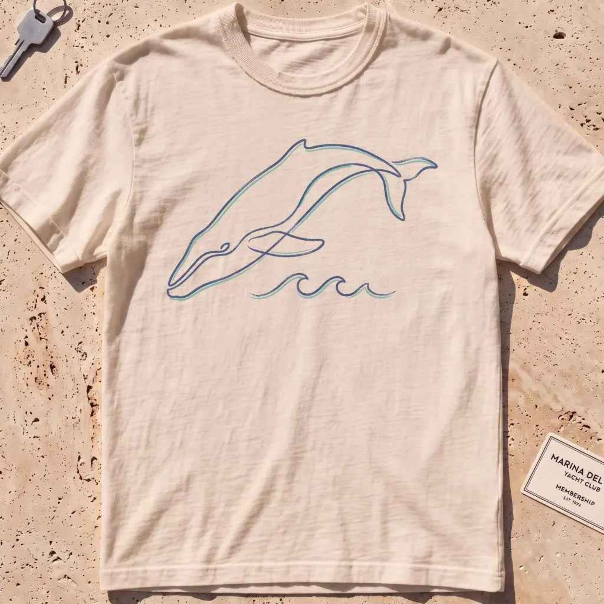 ivory heavyweight tee with a single continuous-line whale and wave graphic.