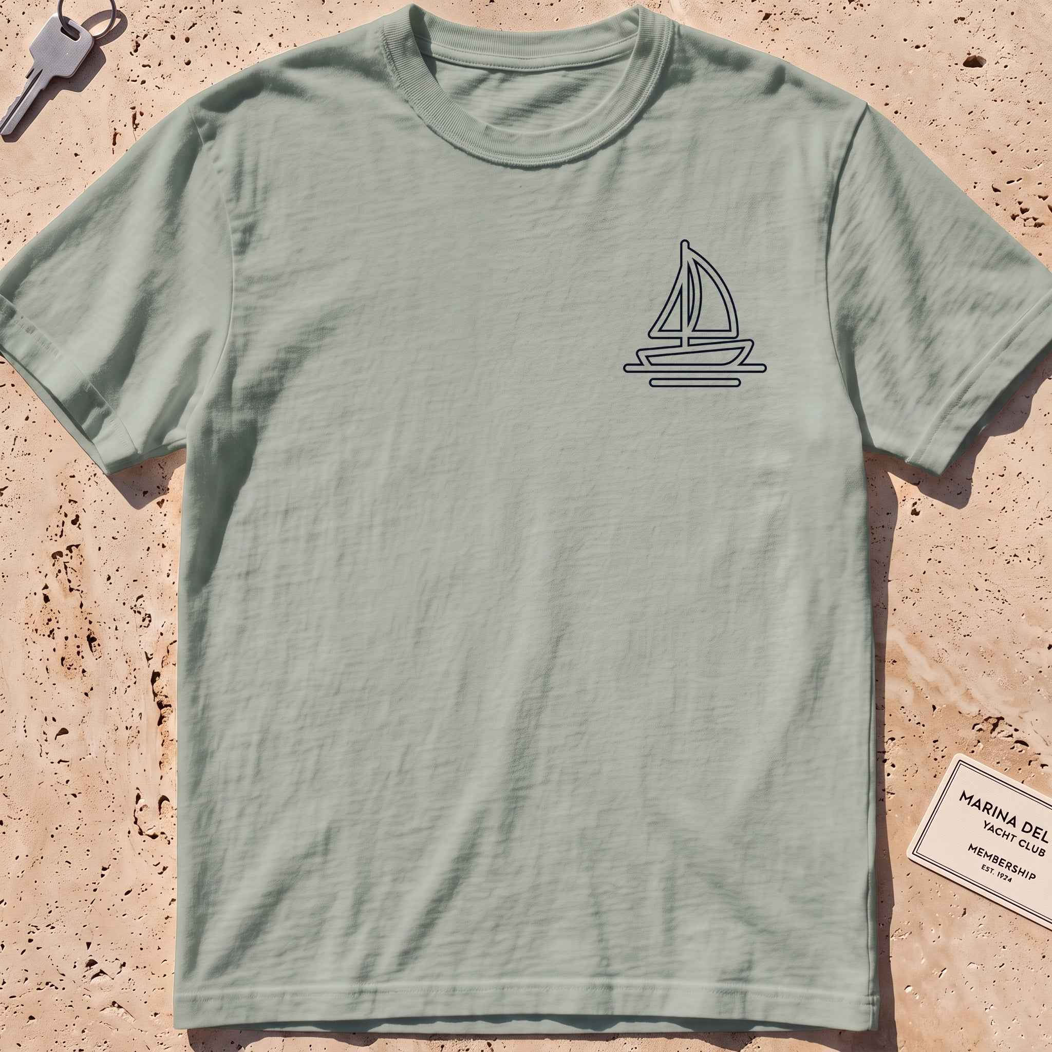 bay heavyweight tee with a single-line lone sail crest graphic.