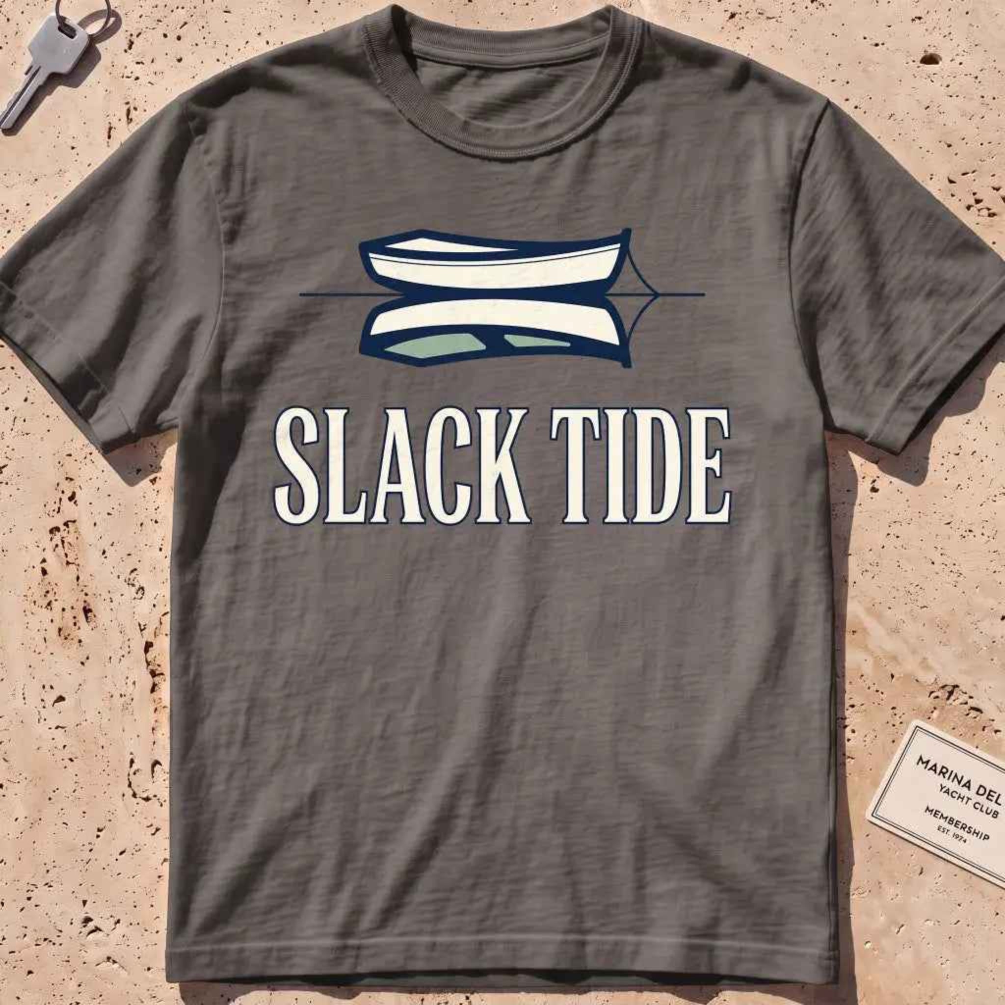 pepper heavyweight tee with a moored dinghy and still-water reflection graphic.