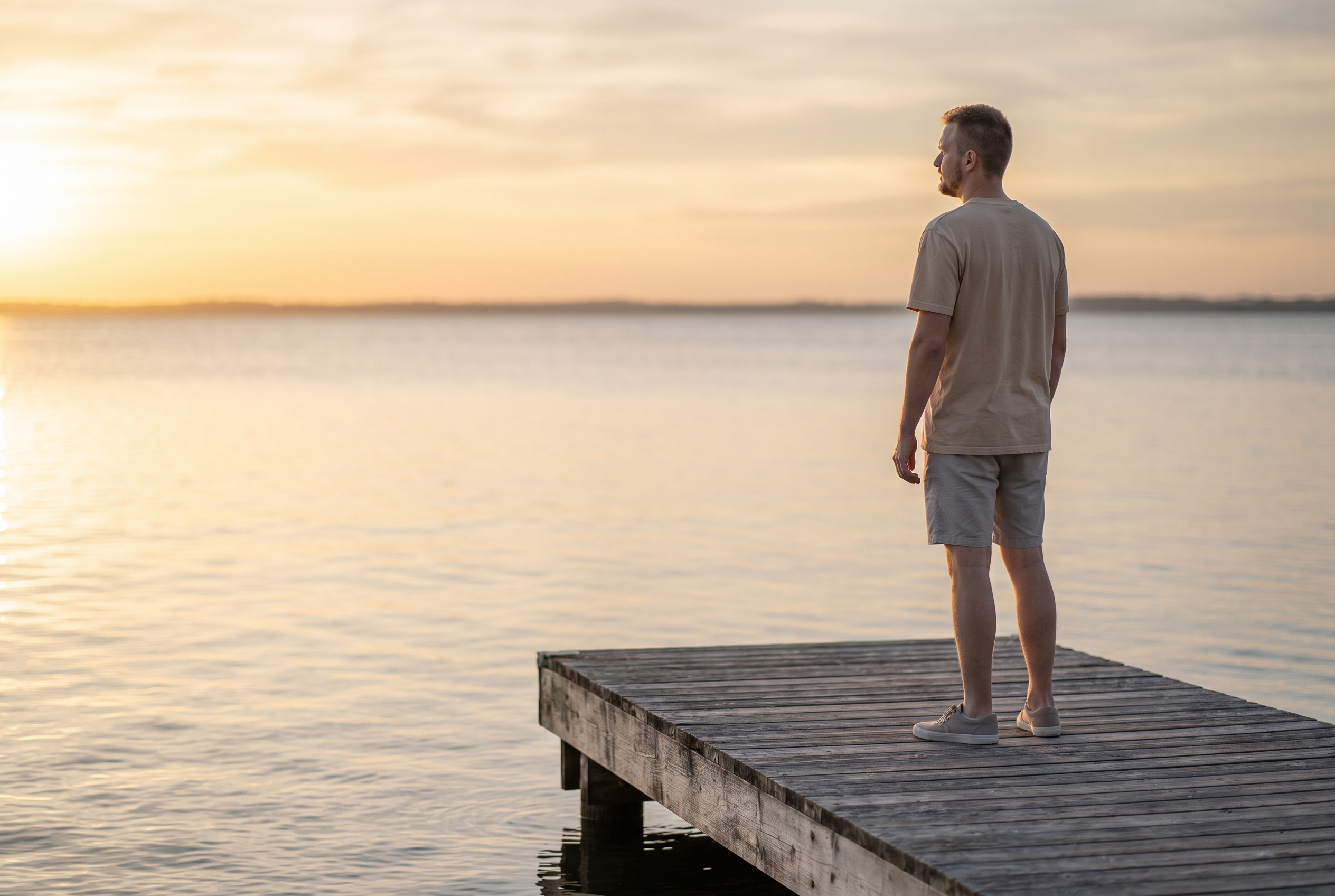 A man on a weathered dock looking out to the horizon at golden hour