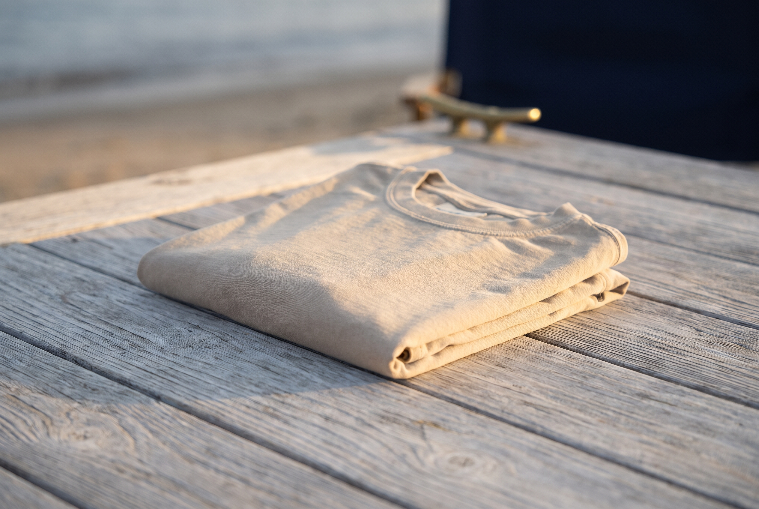 A folded garment-dyed sandstone t-shirt on weathered wood