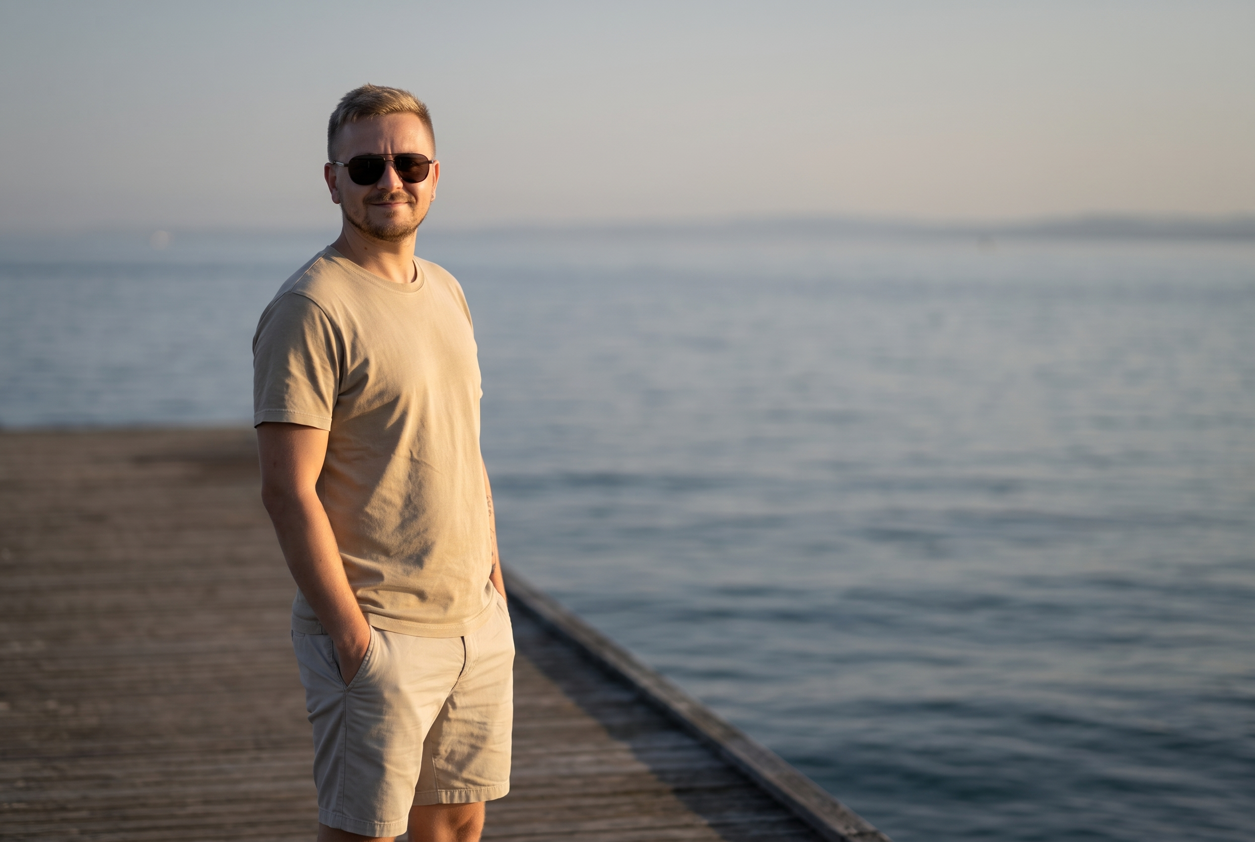 Founder of Slightly Offshore on the dock at golden hour