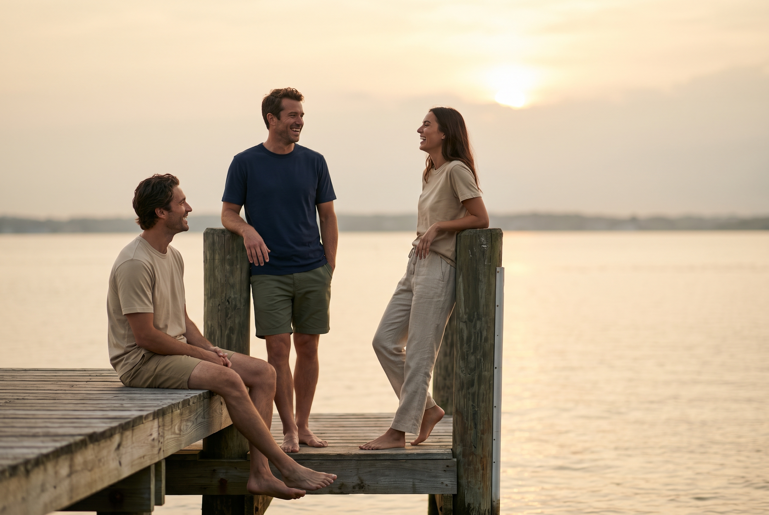 Three friends on a dock at dusk in sandstone and navy tees