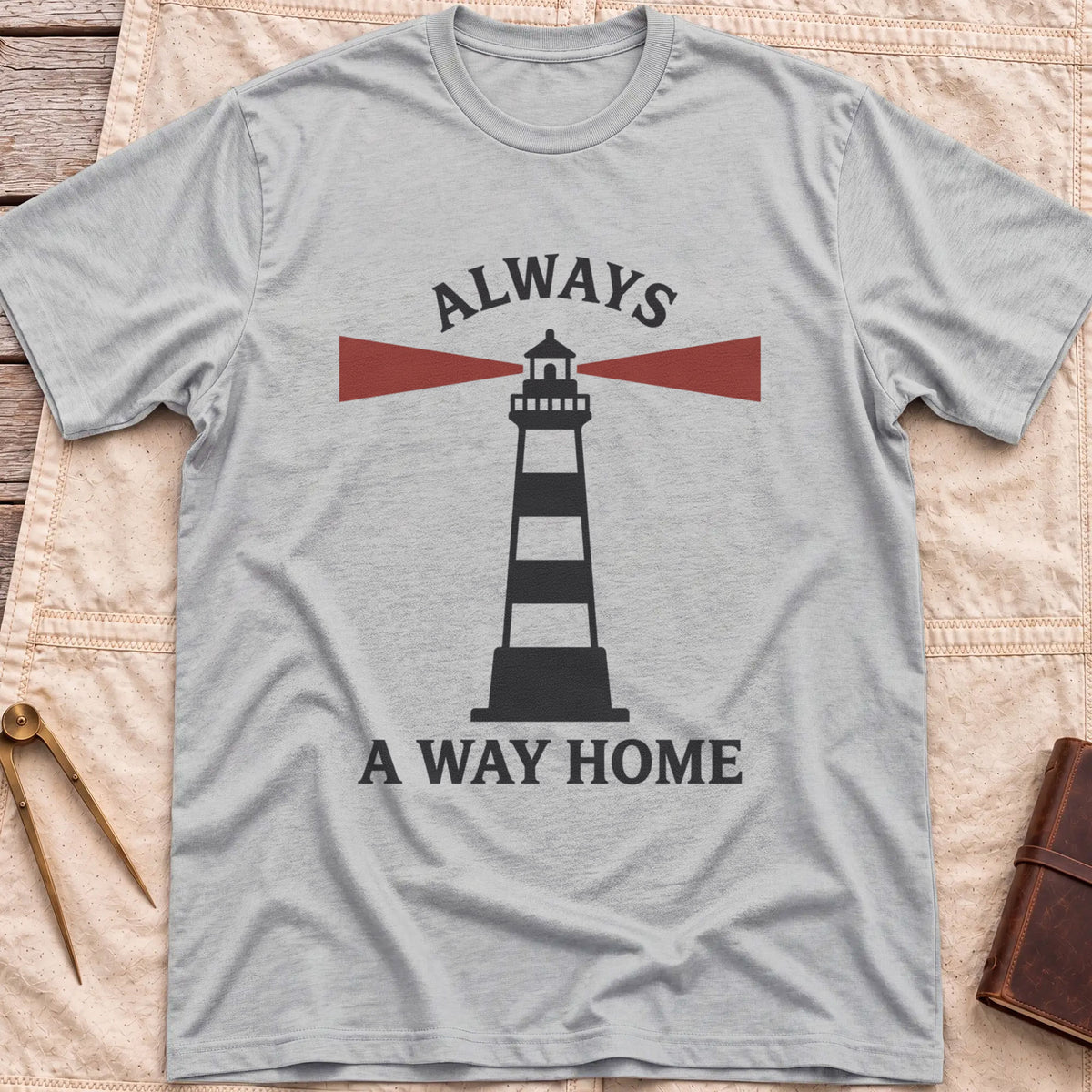 Front view of the sport grey Always a Way Home T-Shirt with a striped lighthouse sending out red beams of light.