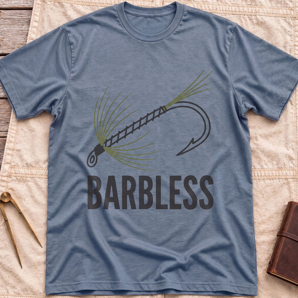 Front view of the heather indigo Barbless T-Shirt with a fly-fishing fly on a hook above the word Barbless.