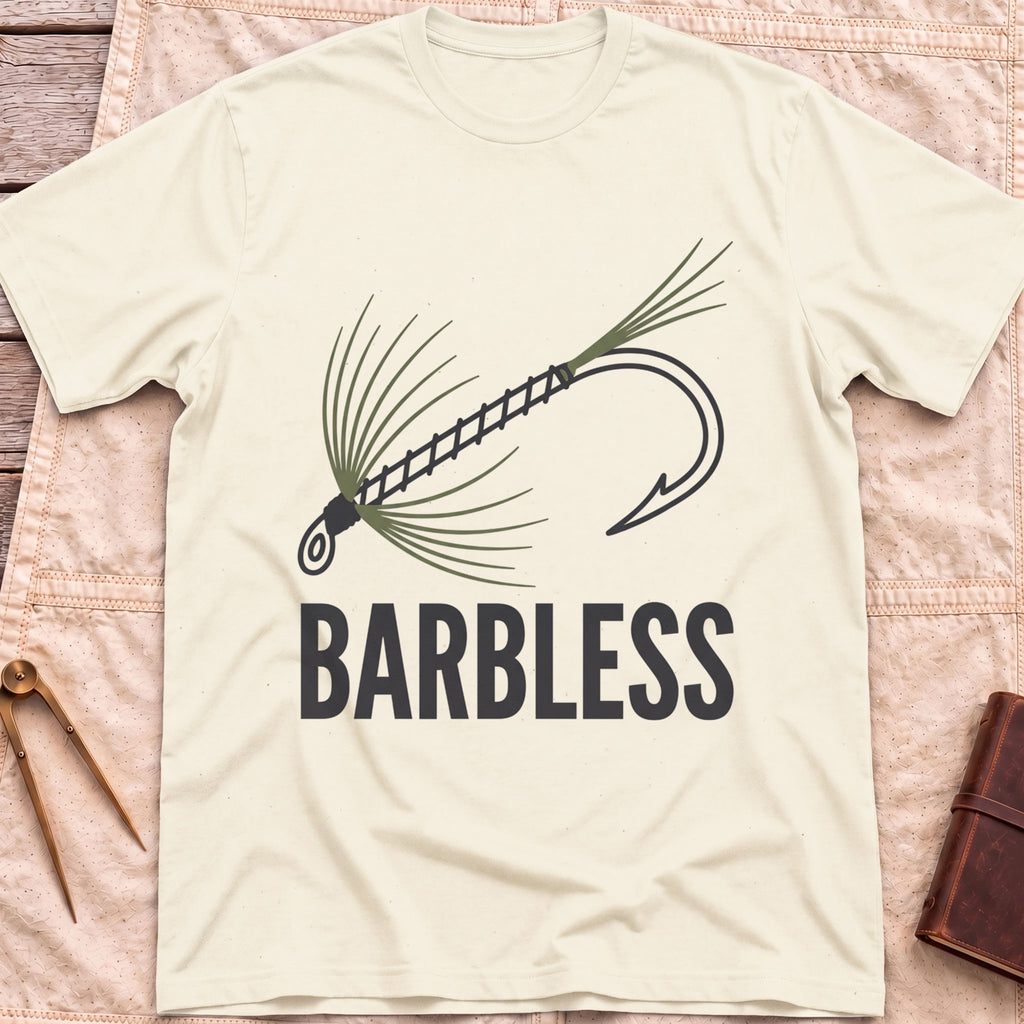 Front view of the natural Barbless T-Shirt with a fly-fishing fly on a hook above the word Barbless.
