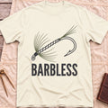 Front view of the natural Barbless T-Shirt with a fly-fishing fly on a hook above the word Barbless.