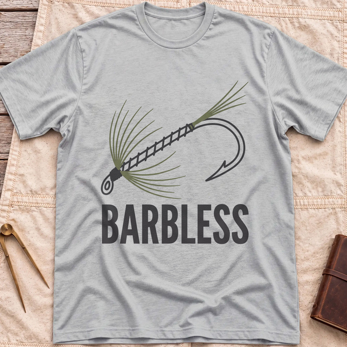 Front view of the sport grey Barbless T-Shirt with a fly-fishing fly on a hook above the word Barbless.