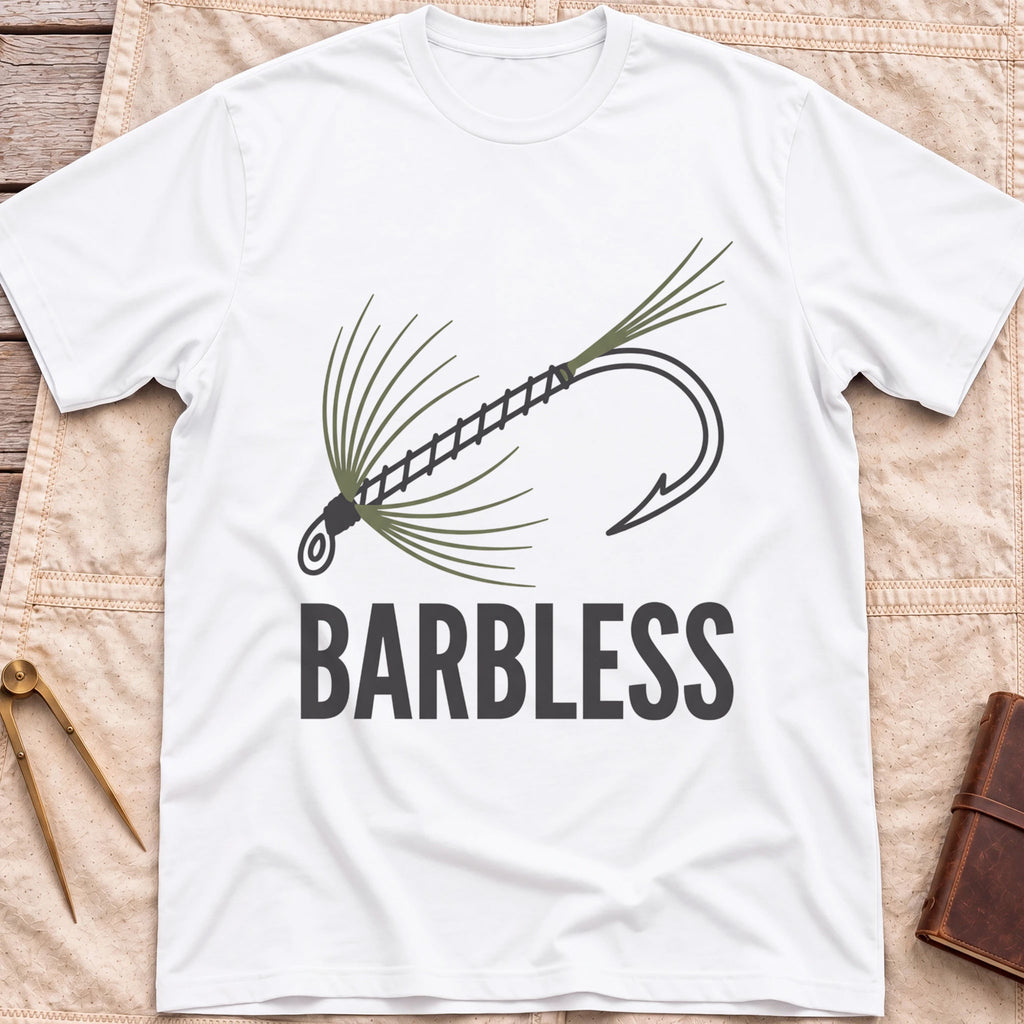 Front view of the white Barbless T-Shirt with a fly-fishing fly on a hook above the word Barbless.
