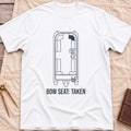 Front view of the white Bow Seat T-Shirt with a top-down outline of a boat's deck layout, one front seat shaded, above the words Bow Seat: Taken.