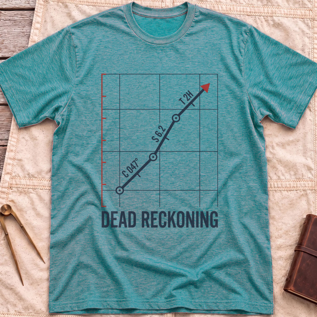 Front view of the heather galapagos blue Dead Reckoning T-Shirt with a gridded plot showing a course line marked C 047°, S 6.2 and T 2H ending in a red arrow.